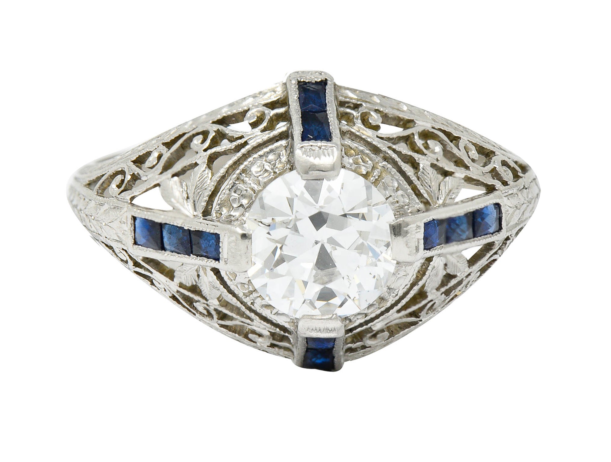 Art Deco 1.32 CTW Diamond Sapphire Platinum Foliate Engagement RingRing - Wilson's Estate Jewelry