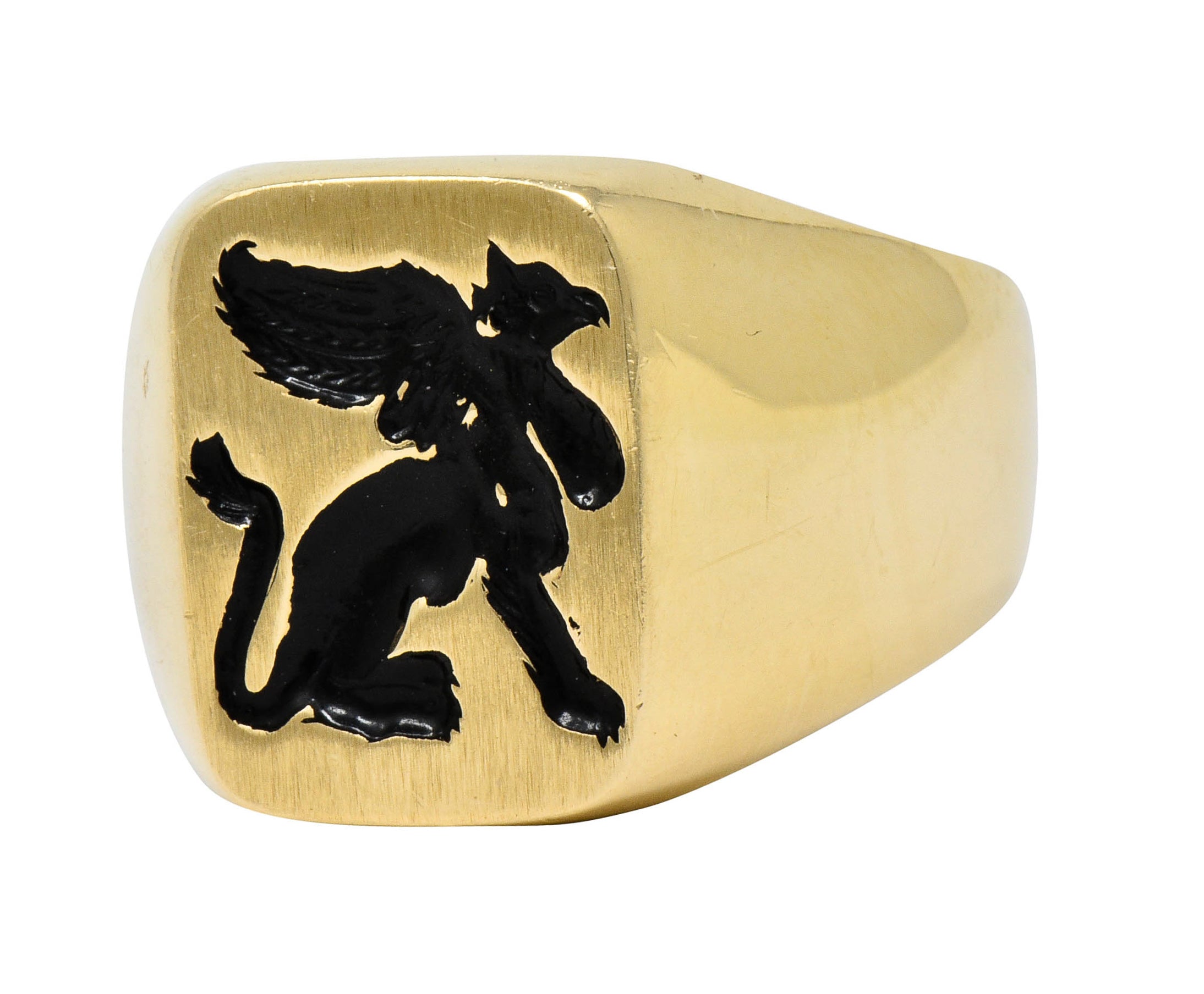 Victorian Tiffany and Co Enamel 14 Karat Gold Unisex Gryphon Signet Ring - Wilson's Estate Jewelry