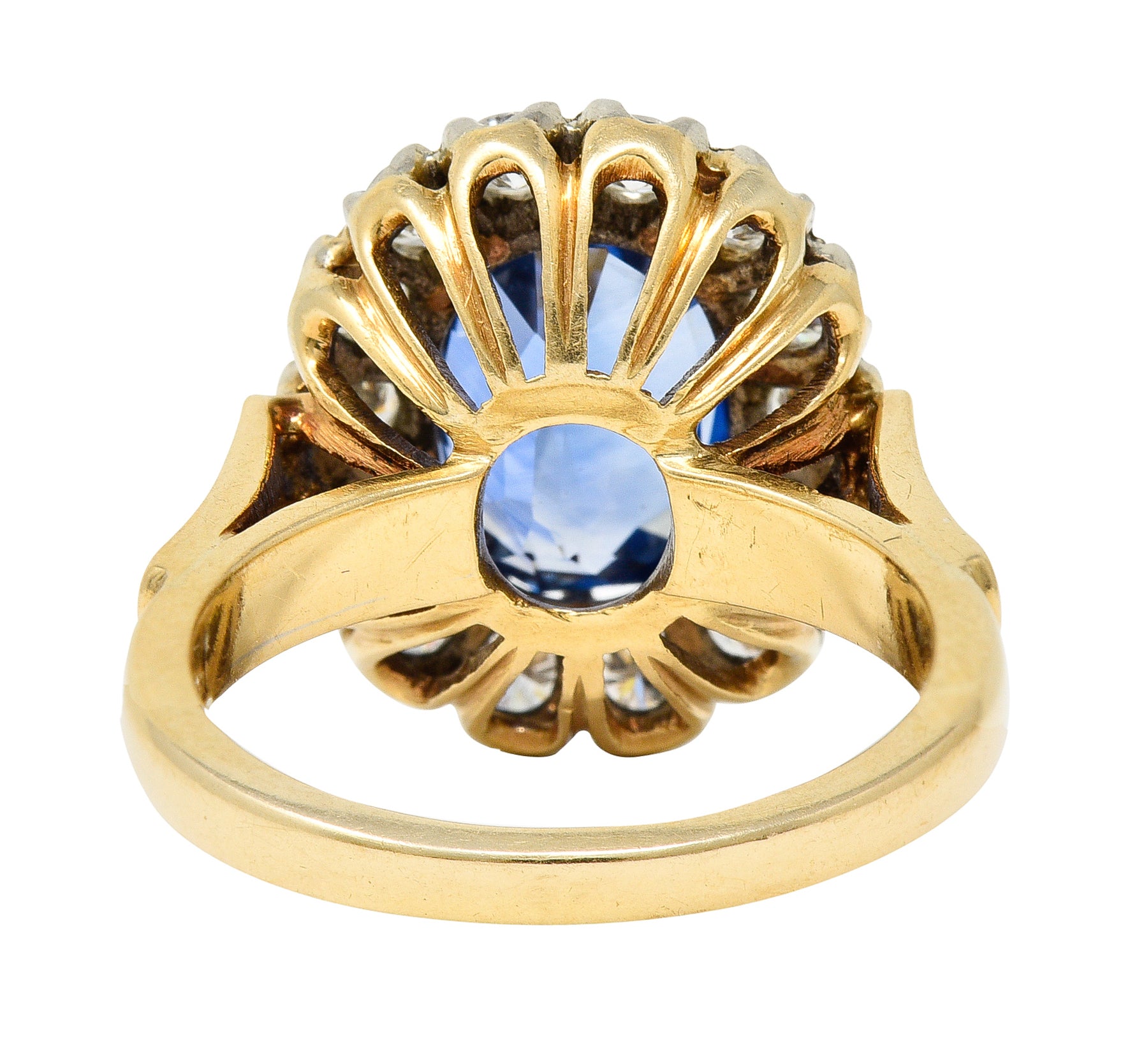 1960's 6.03 CTW Oval Cut Ceylon Sapphire Diamond Platinum-Topped 14 Karat Yellow Gold Vintage Halo Ring GIA Wilson's Estate Jewelry