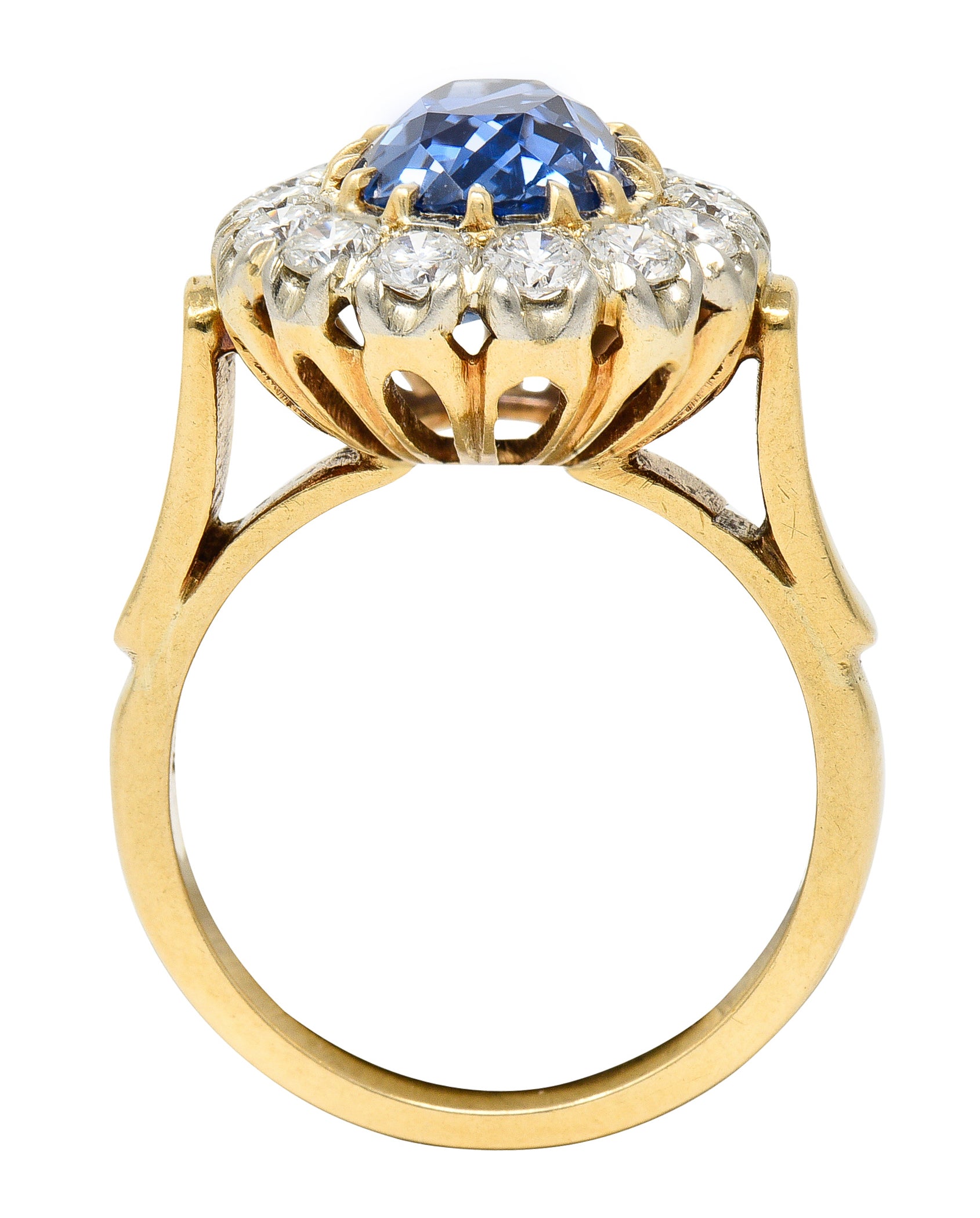 1960's 6.03 CTW Oval Cut Ceylon Sapphire Diamond Platinum-Topped 14 Karat Yellow Gold Vintage Halo Ring GIA Wilson's Estate Jewelry