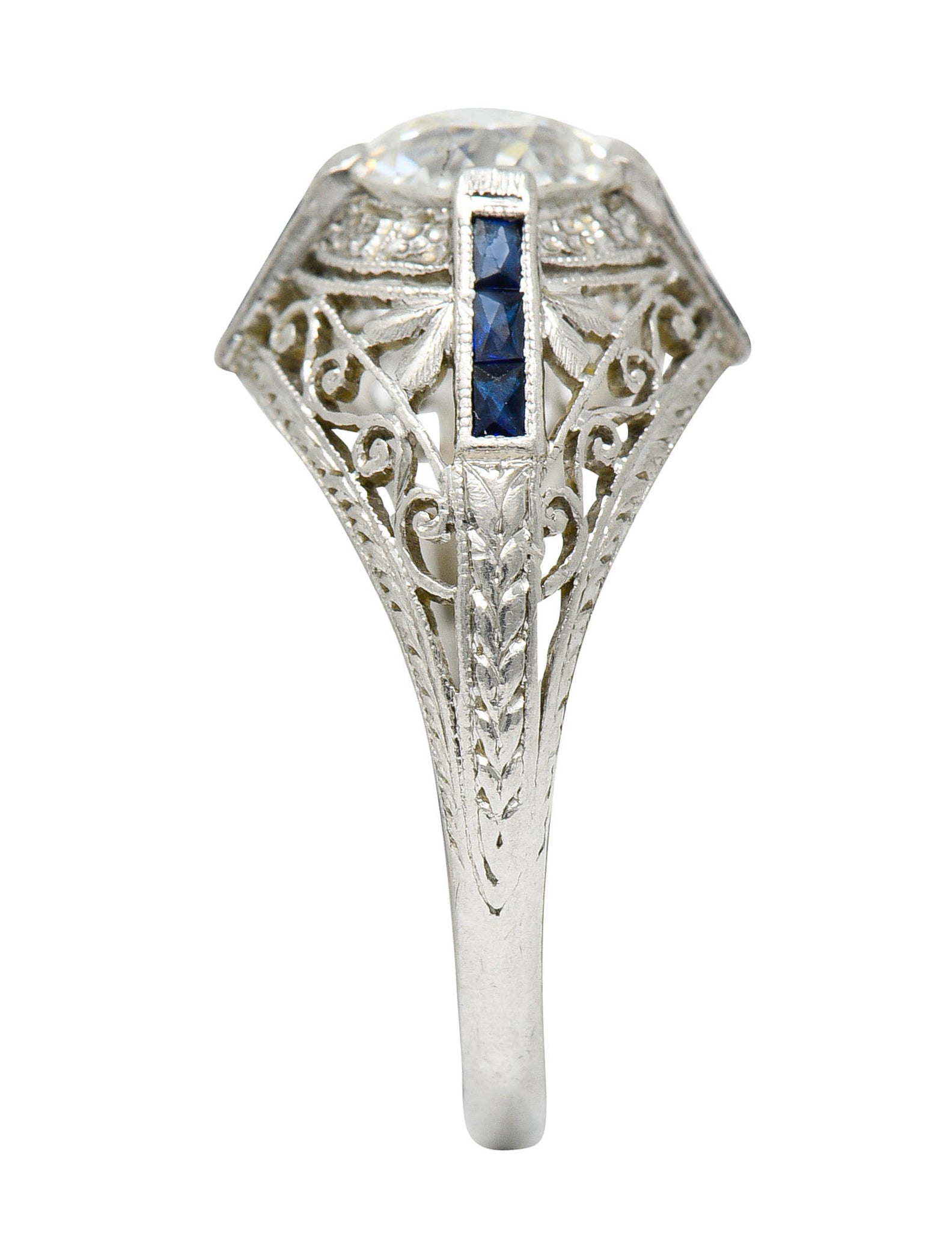 Art Deco 1.32 CTW Diamond Sapphire Platinum Foliate Engagement RingRing - Wilson's Estate Jewelry