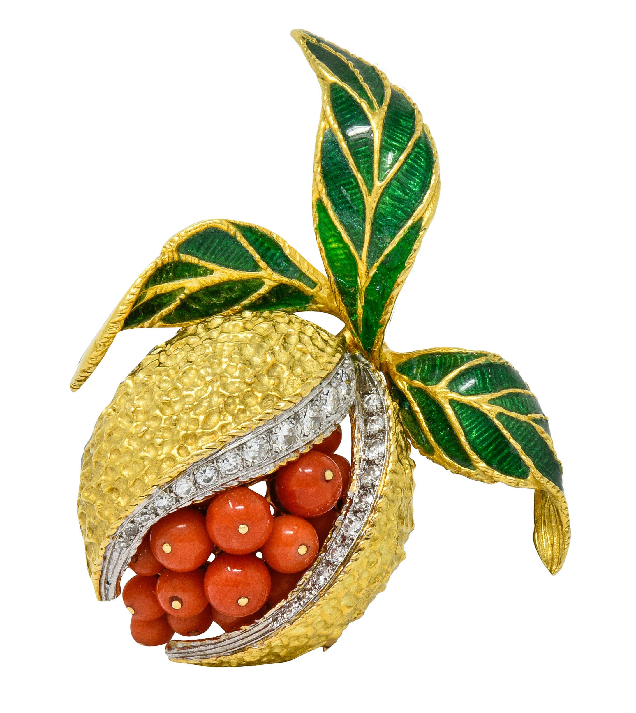 1960's Vintage Diamond Coral Enamel 18 Karat Gold Pomegranate Brooch - Wilson's Estate Jewelry