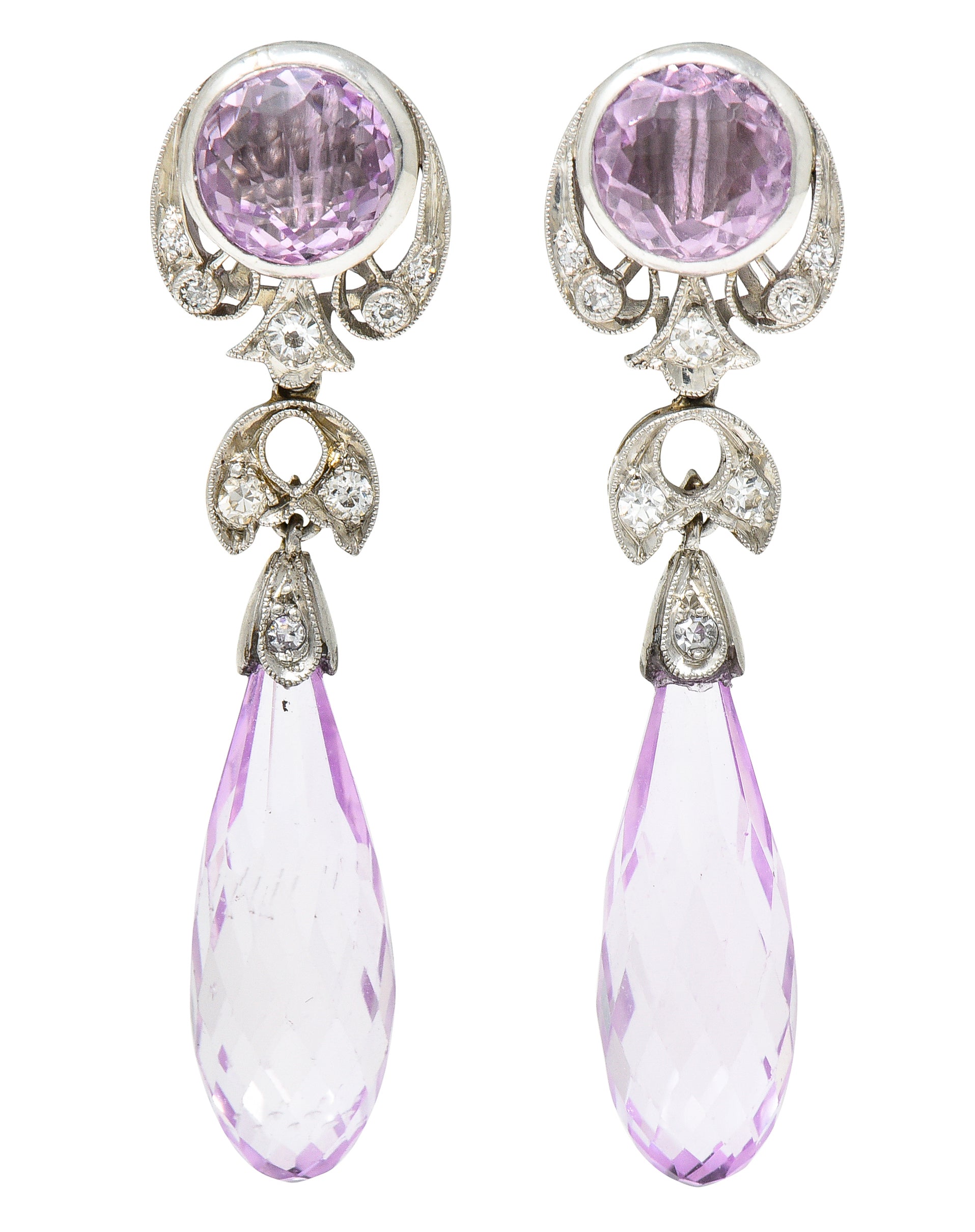 Edwardian Kunzite Diamond Platinum Antique Gemstone Drop Earrings Wilson's Estate Jewelry