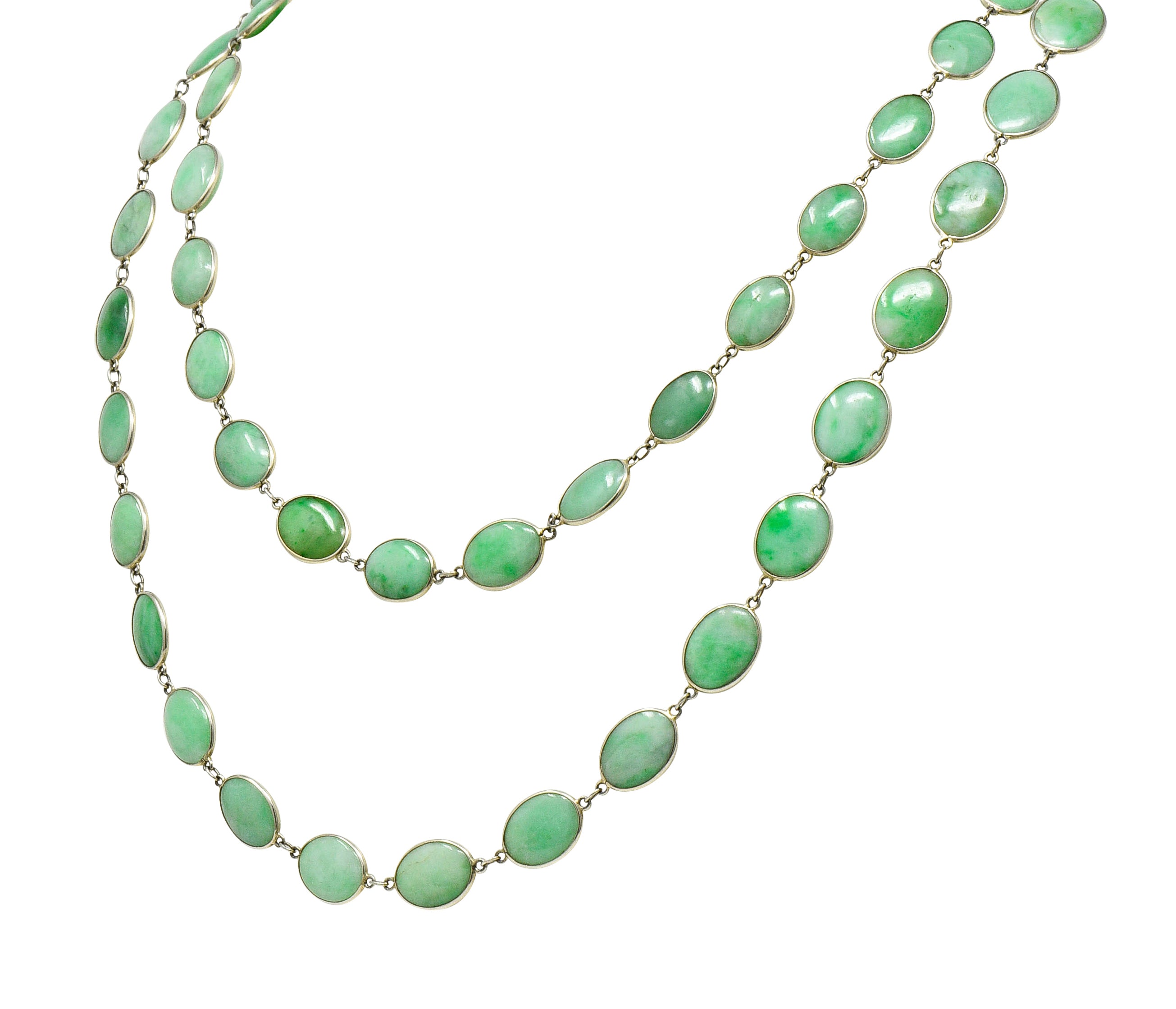 Vintage Jade Cabochon 18 Karat White Gold 47 Inch Long Chain NecklaceNecklace - Wilson's Estate Jewelry