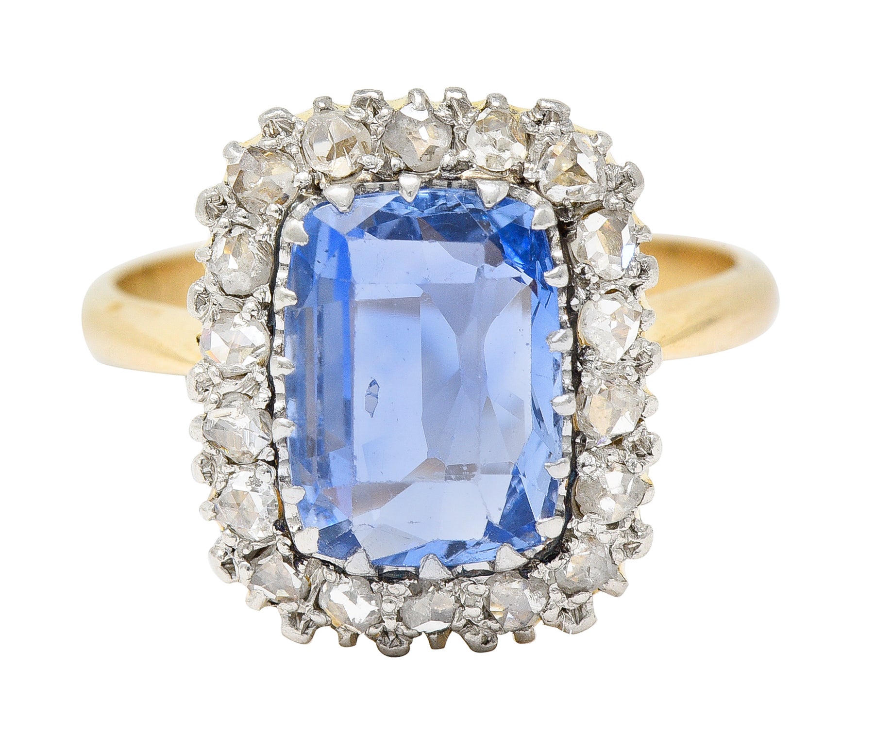 Edwardian 3.47 CTW Cushion Cut No Heat Ceylon Sapphire Diamond Platinum-Topped 18 Karat Yellow Gold Antique Halo Ring GIA Wilson's Estate Jewelry