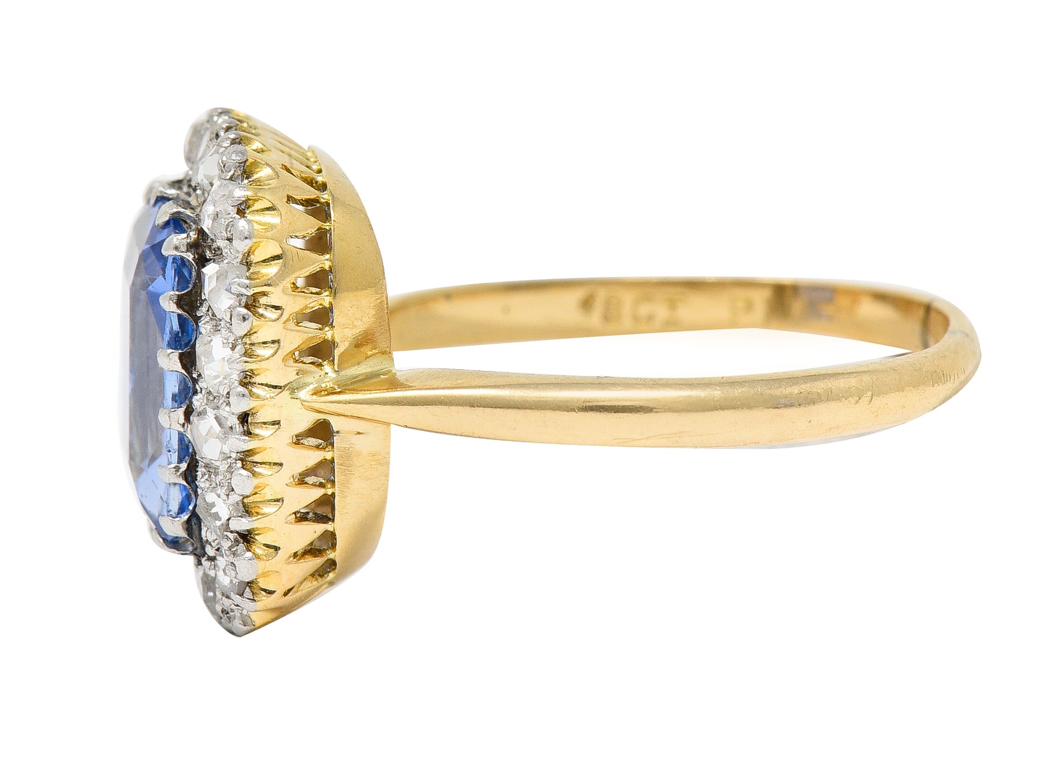 Edwardian 3.47 CTW Cushion Cut No Heat Ceylon Sapphire Diamond Platinum-Topped 18 Karat Yellow Gold Antique Halo Ring GIA Wilson's Estate Jewelry