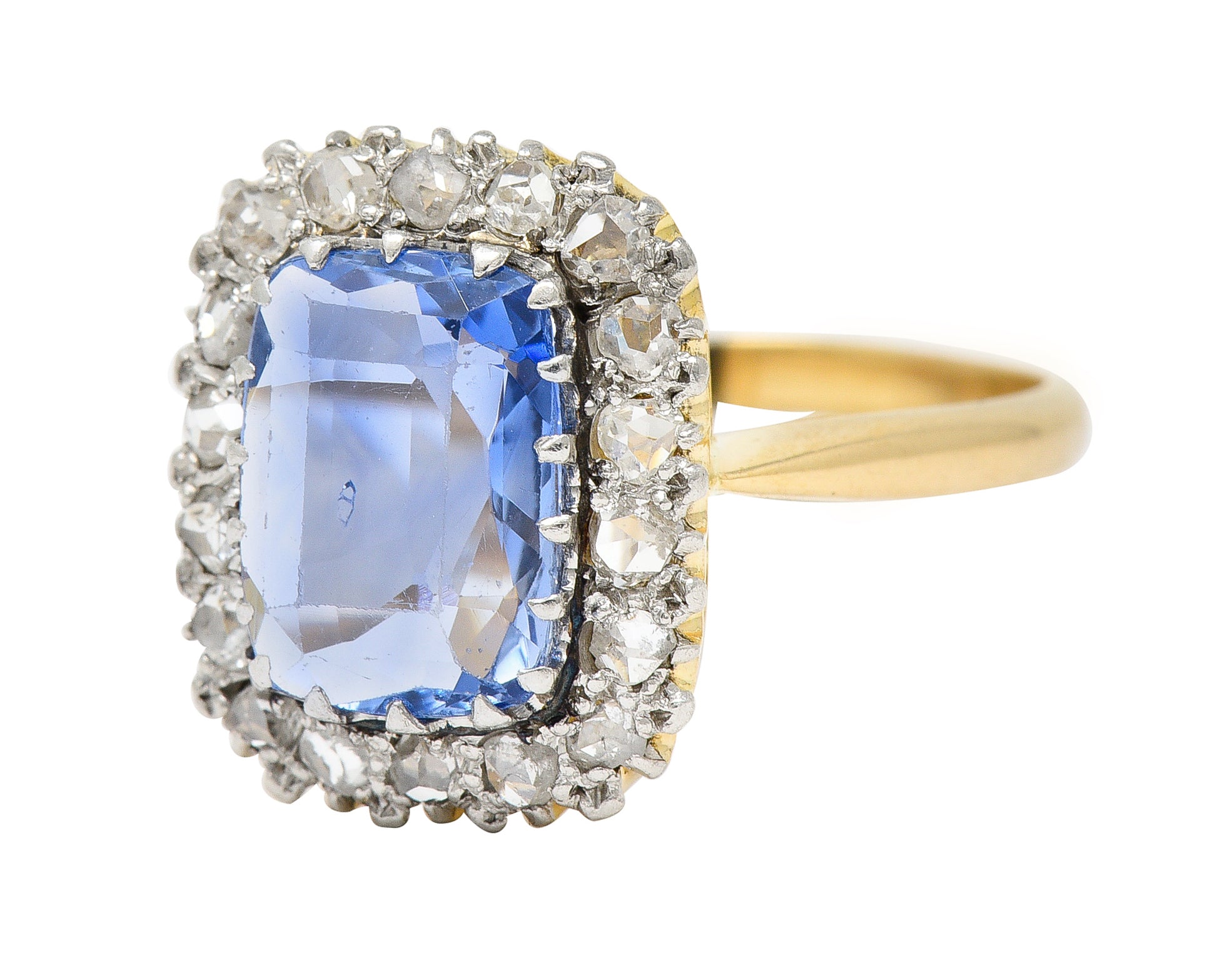 Edwardian 3.47 CTW Cushion Cut No Heat Ceylon Sapphire Diamond Platinum-Topped 18 Karat Yellow Gold Antique Halo Ring GIA Wilson's Estate Jewelry