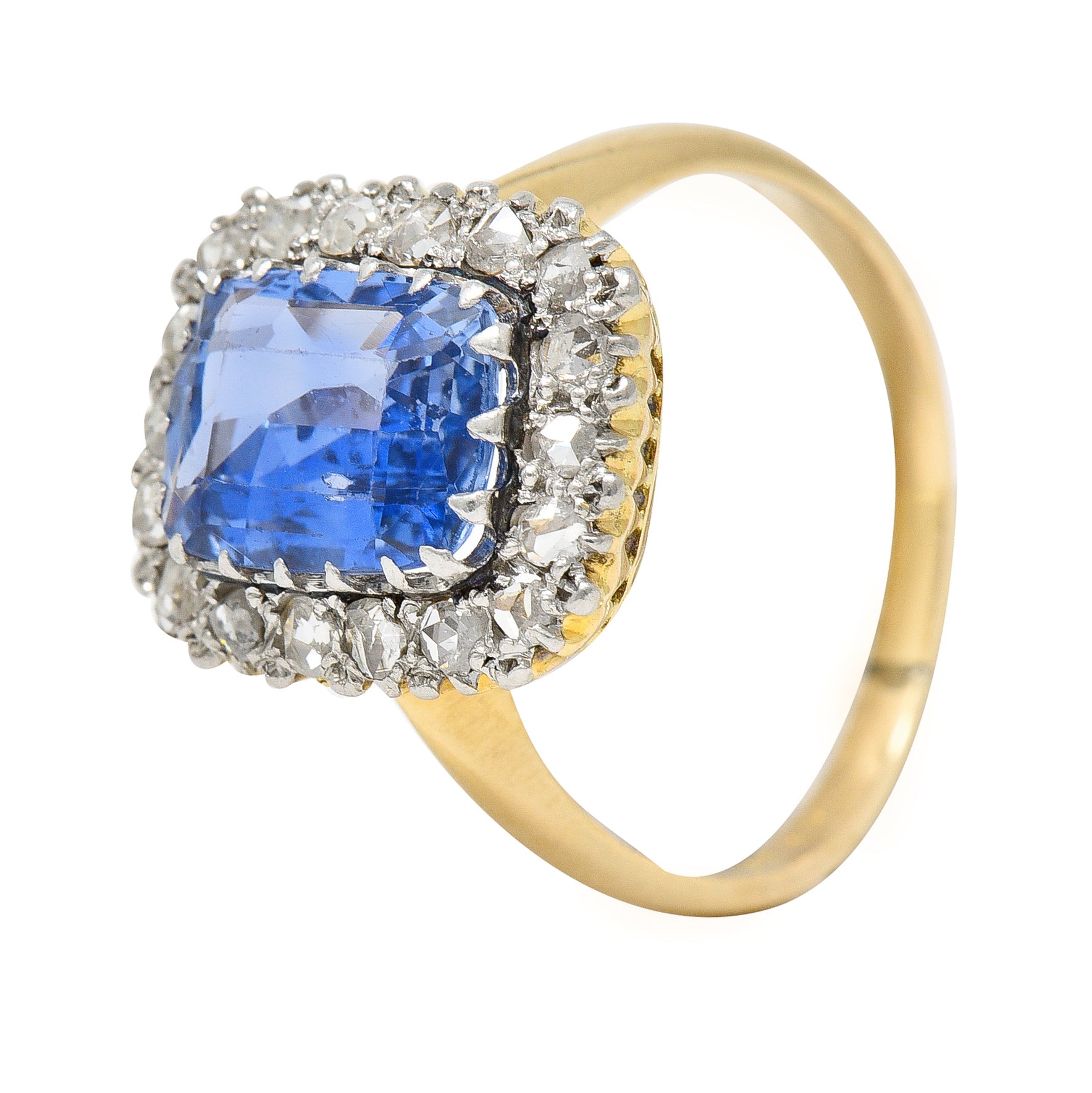 Edwardian 3.47 CTW Cushion Cut No Heat Ceylon Sapphire Diamond Platinum-Topped 18 Karat Yellow Gold Antique Halo Ring GIA Wilson's Estate Jewelry