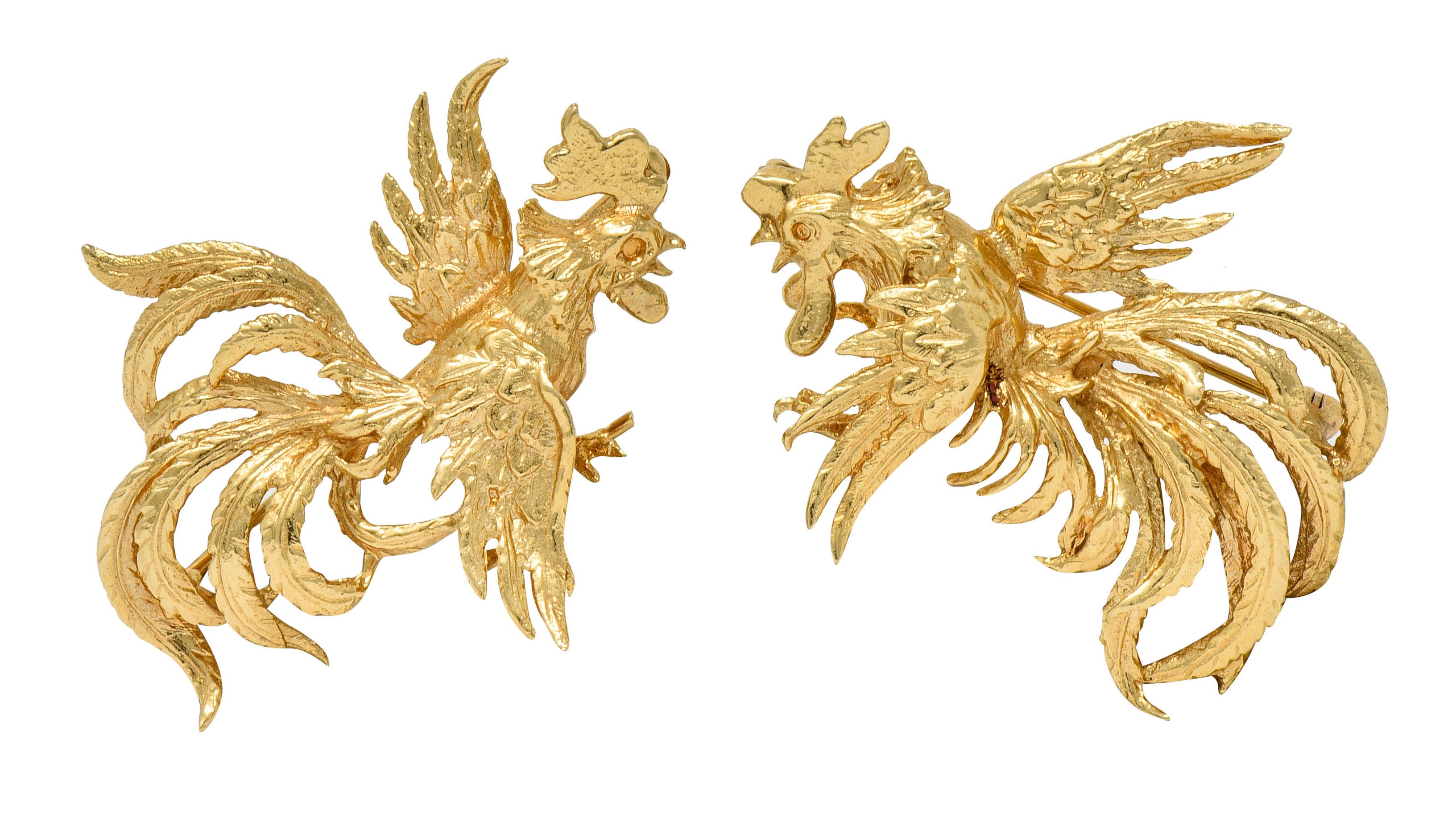 Guglielmo Cini 1960's Vintage 14 Karat Gold Rooster Brooch Clips - Wilson's Estate Jewelry