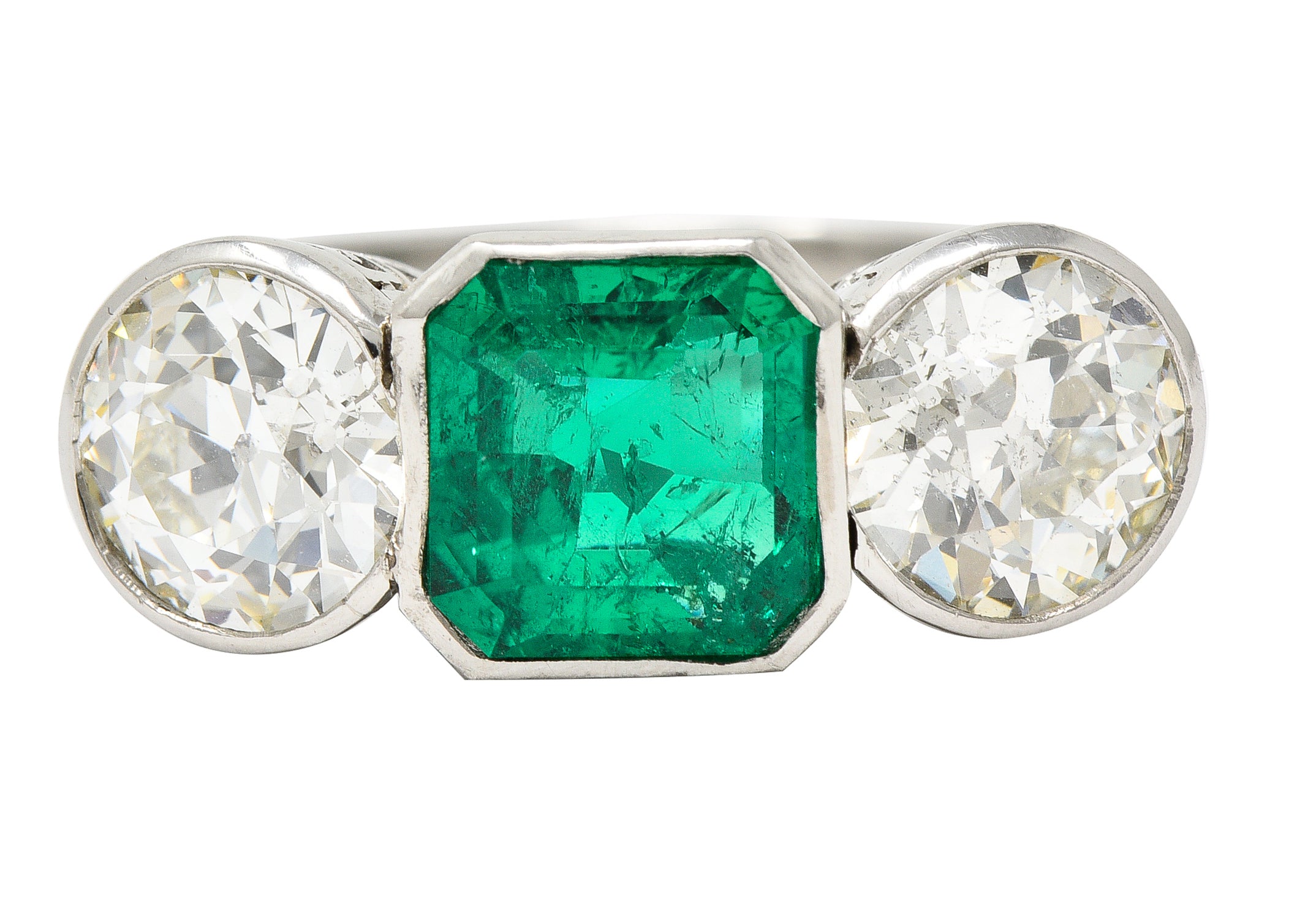 Art Deco 5.02 CTW Colombian Emerald Old European Cut Diamond Platinum Greek Key Three Stone Ring AGL Wilson's Estate Jewelry