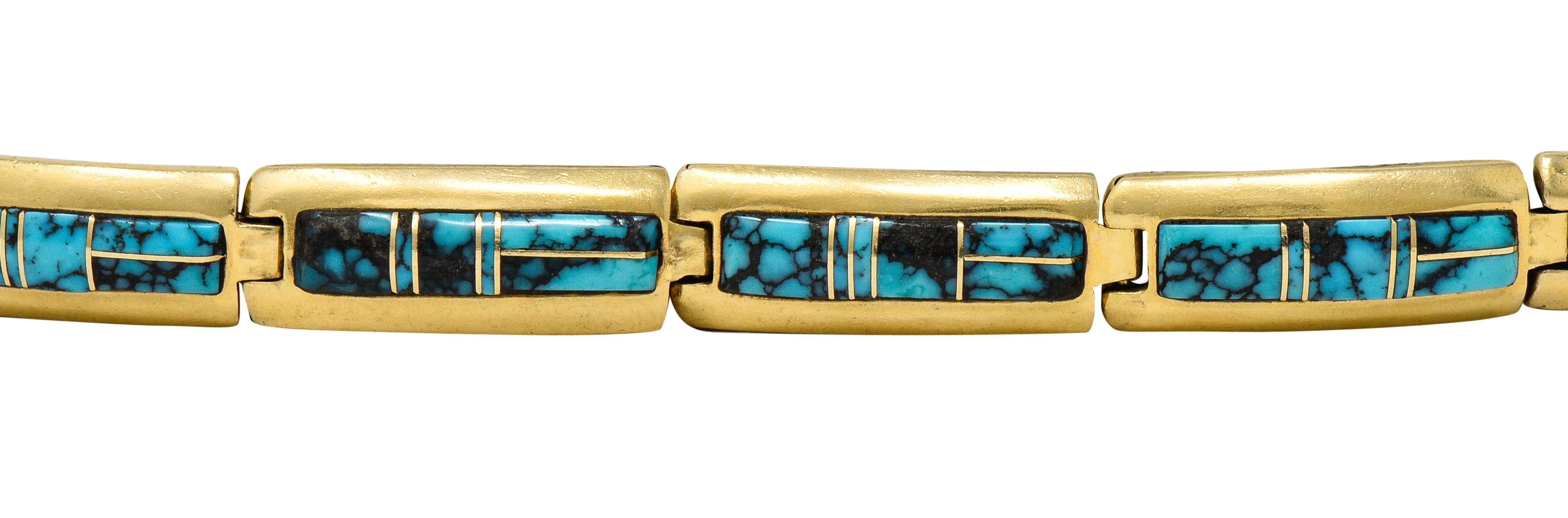 Contemporary B.G. Mudd Turquoise Inlay 14 Karat Gold Link Braceletbracelet - Wilson's Estate Jewelry