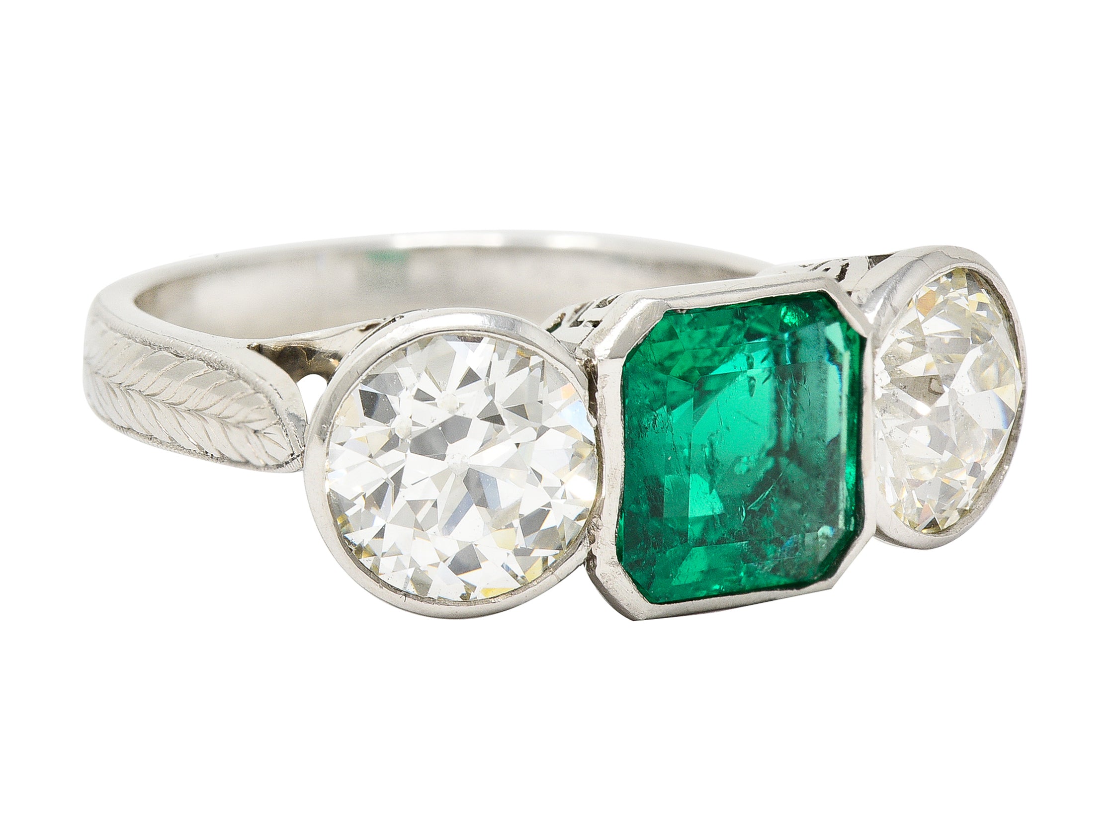 Art Deco 5.02 CTW Colombian Emerald Old European Cut Diamond Platinum Greek Key Three Stone Ring AGL Wilson's Estate Jewelry