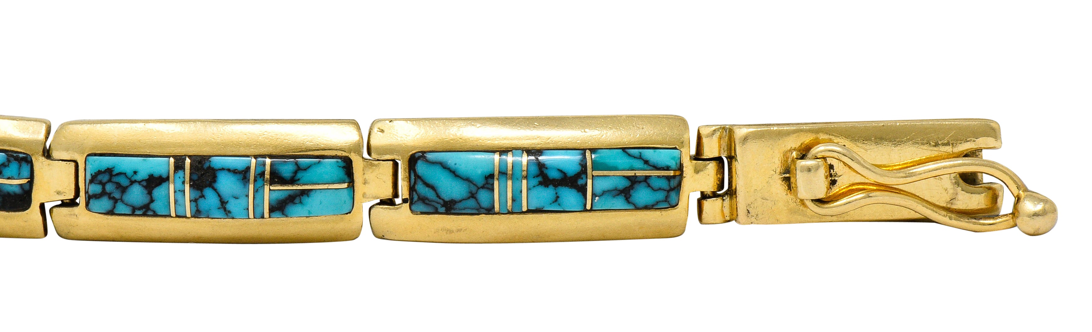 Contemporary B.G. Mudd Turquoise Inlay 14 Karat Gold Link Braceletbracelet - Wilson's Estate Jewelry