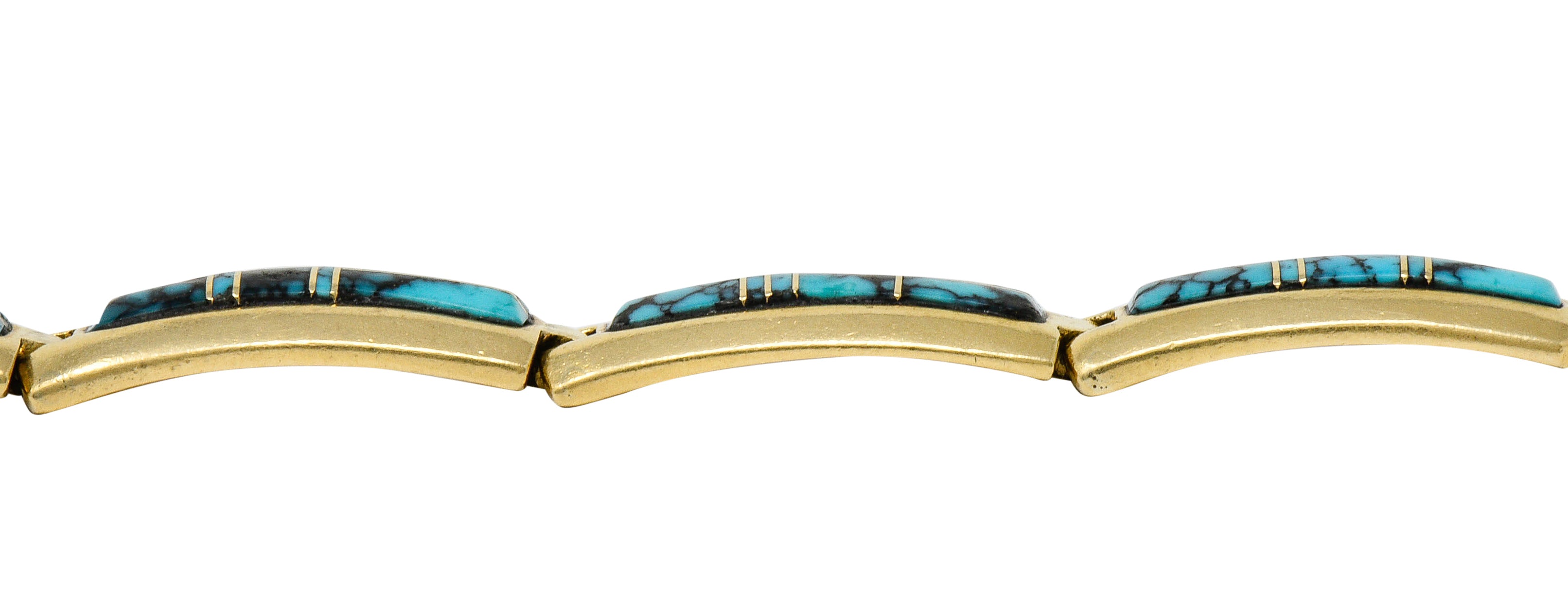 Contemporary B.G. Mudd Turquoise Inlay 14 Karat Gold Link Braceletbracelet - Wilson's Estate Jewelry