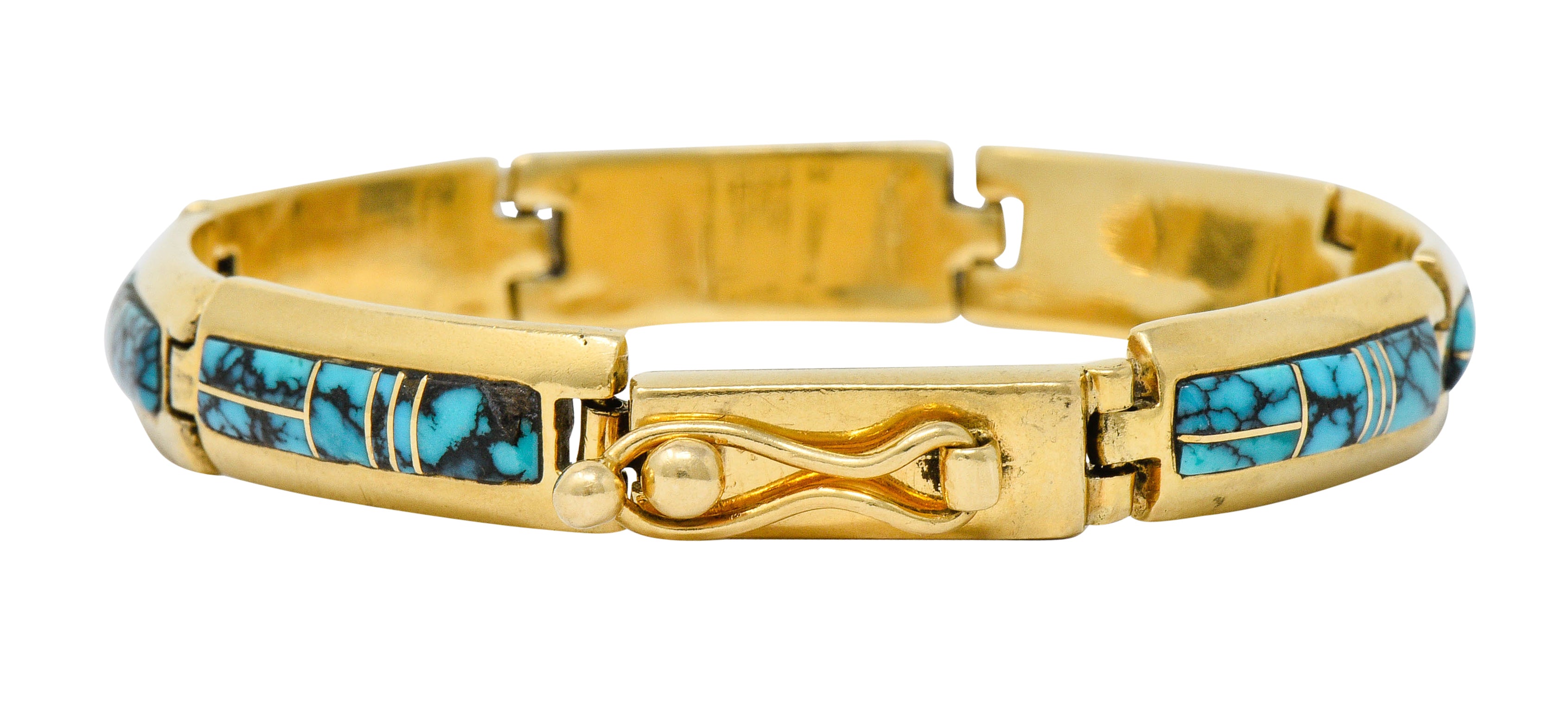 Contemporary B.G. Mudd Turquoise Inlay 14 Karat Gold Link Braceletbracelet - Wilson's Estate Jewelry