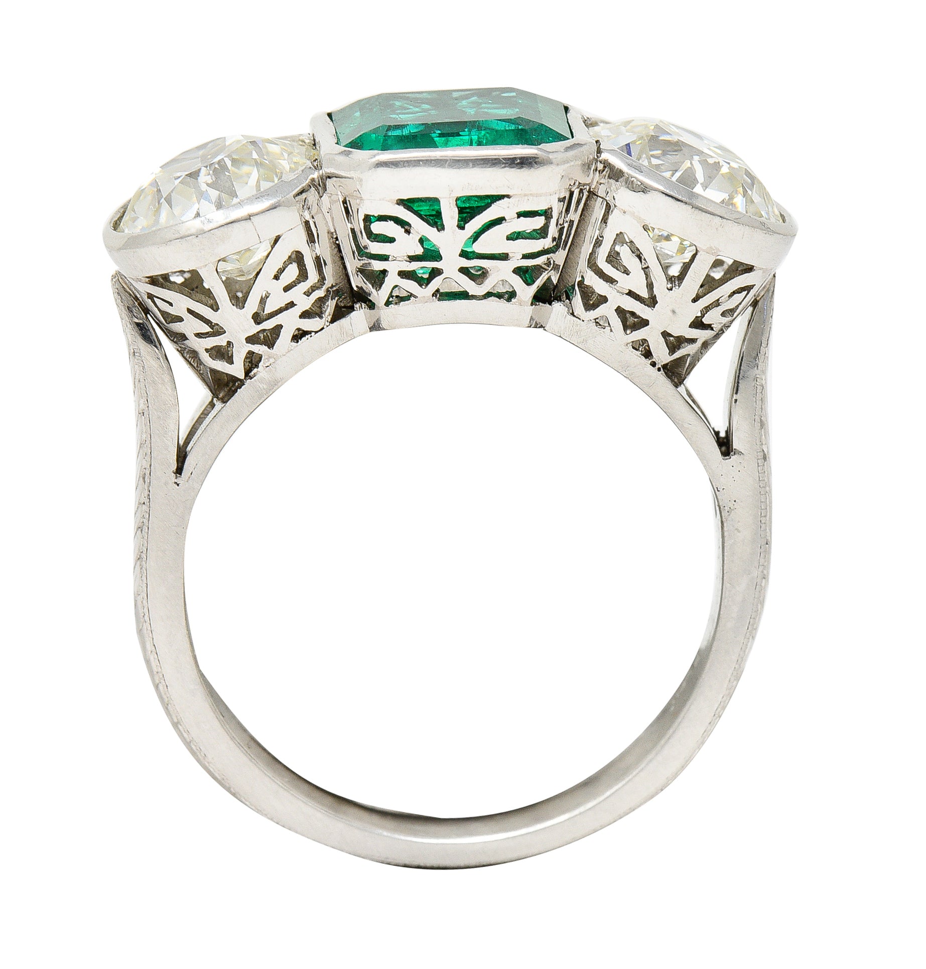 Art Deco 5.02 CTW Colombian Emerald Old European Cut Diamond Platinum Greek Key Three Stone Ring AGL Wilson's Estate Jewelry