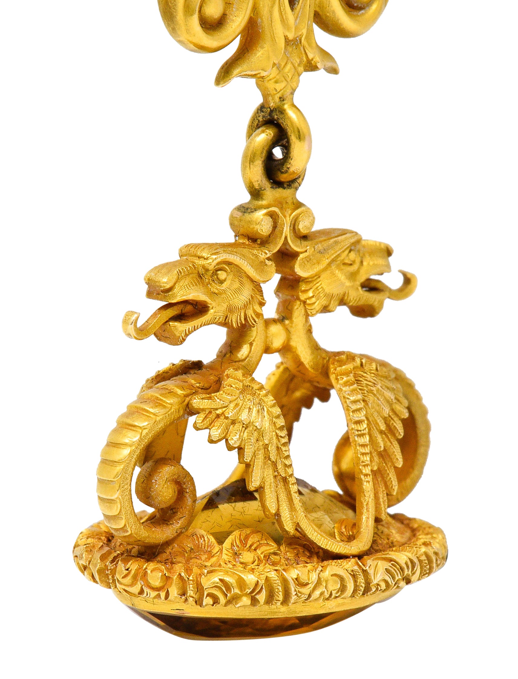 Carter & Gough Art Nouveau Citrine 14 Karat Gold Dragon Fob PendantNecklace - Wilson's Estate Jewelry