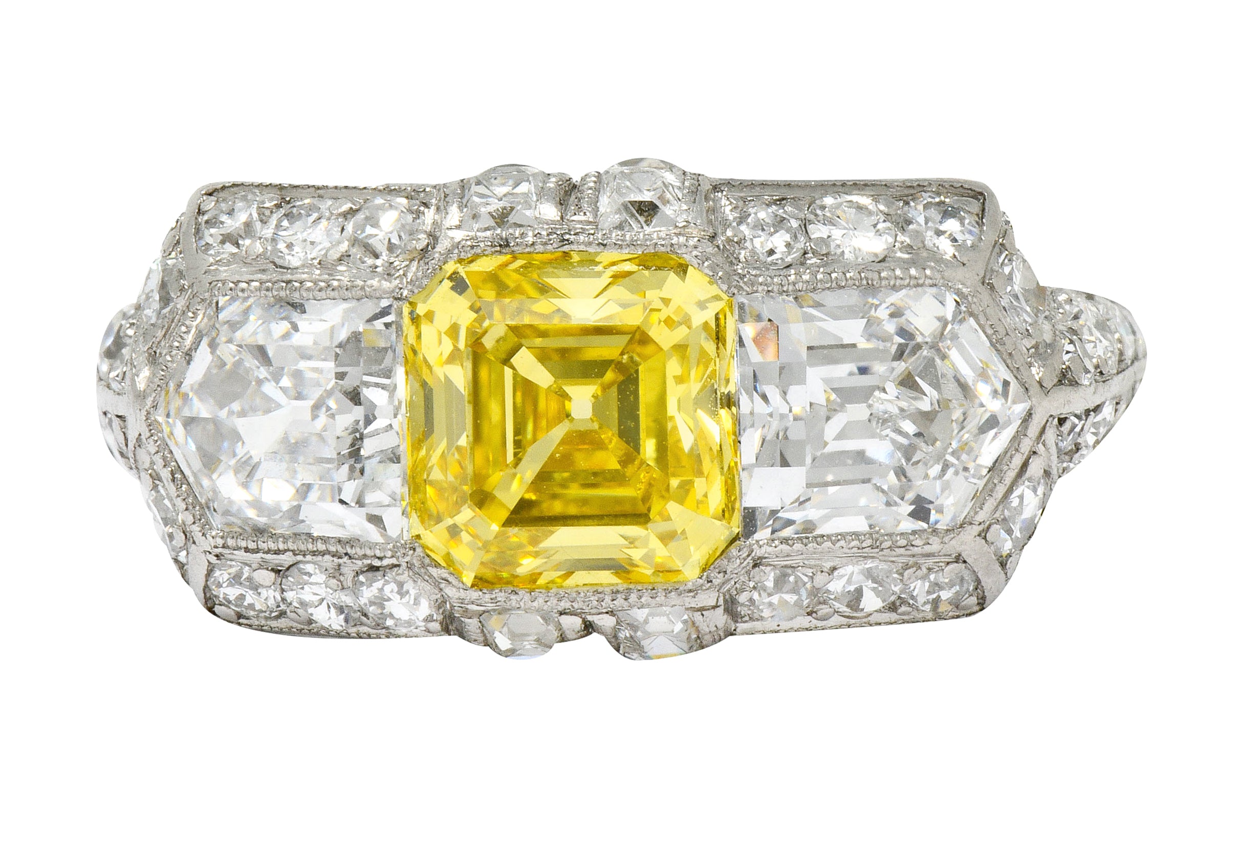 Tiffany & Co. Late Art Deco Fancy Vivid Yellow Diamond Platinum Cocktail Ring GIA - Wilson's Estate Jewelry