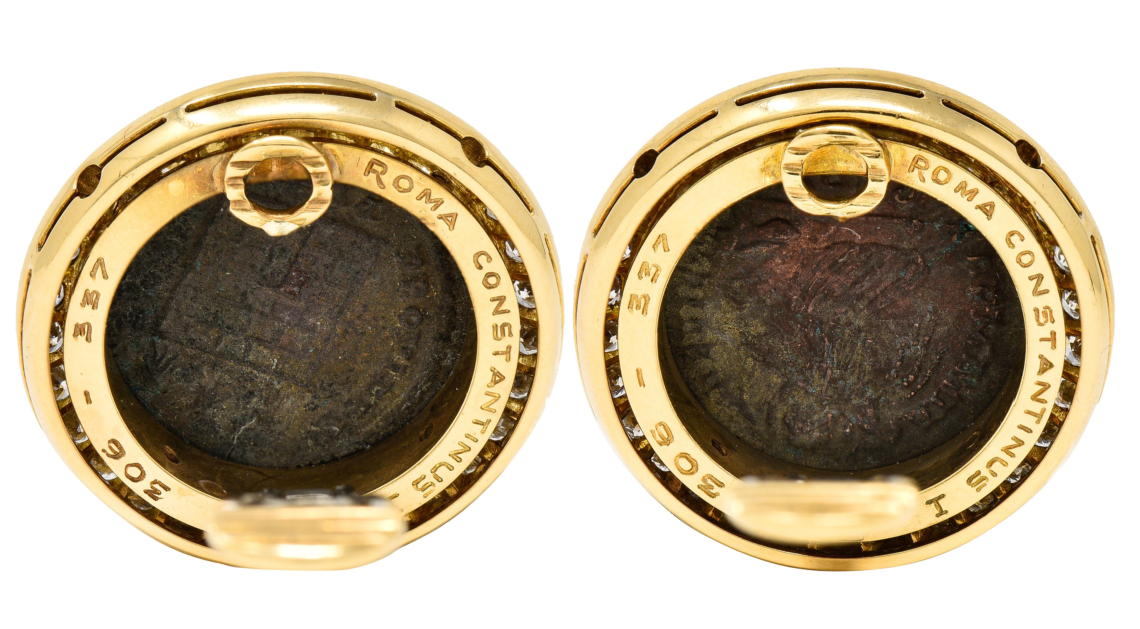 Bulgari 3.00 CTW Diamond Ancient Coin 18 Karat Gold Constantine Monete Ear-Clip Earrings Wilson's Antique & Estate Jewelry