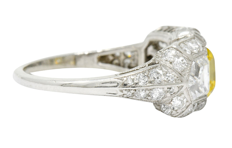 Tiffany & Co. Late Art Deco Fancy Vivid Yellow Diamond Platinum Cocktail  Ring GIA