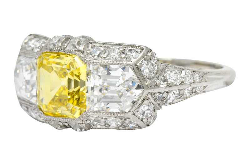 Tiffany & Co. Late Art Deco Fancy Vivid Yellow Diamond Platinum Cocktail  Ring GIA