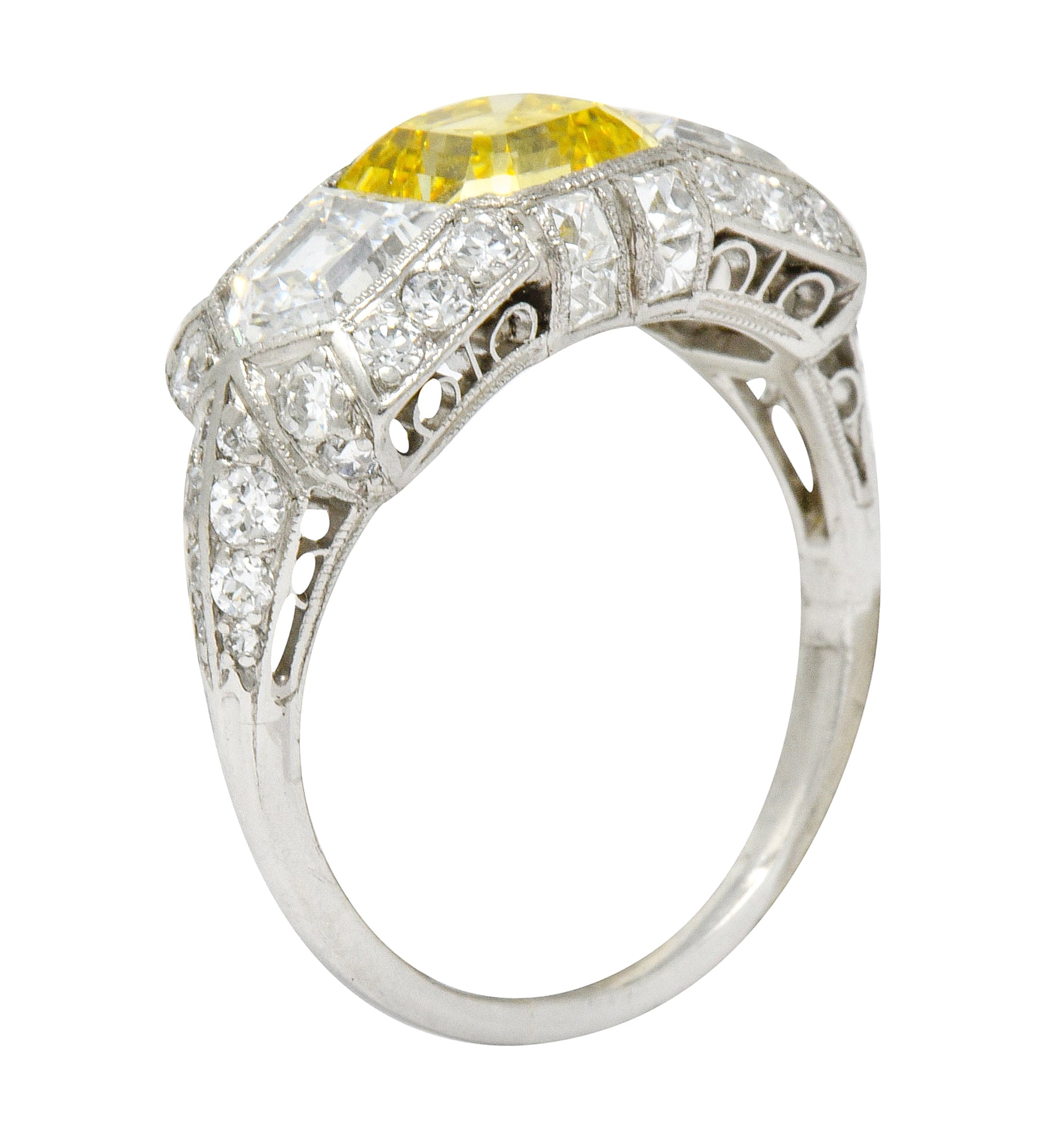 Tiffany & Co. Late Art Deco Fancy Vivid Yellow Diamond Platinum Cocktail Ring GIA - Wilson's Estate Jewelry