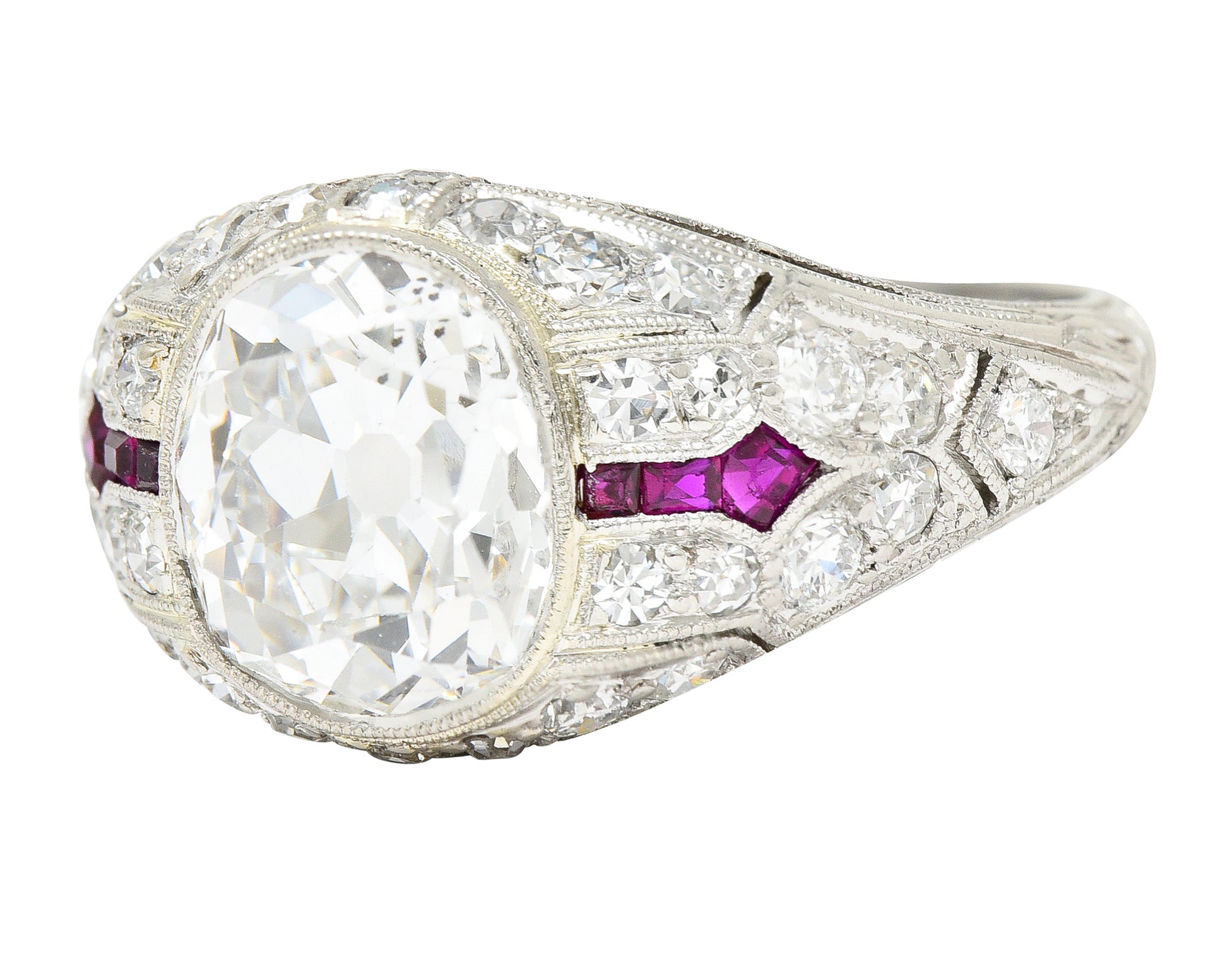 Art Deco 3.16 CTW Old Mine Cut Diamond Ruby Arrow Platinum Bombay Engagement Ring GIA Wilson's Estate Jewelry