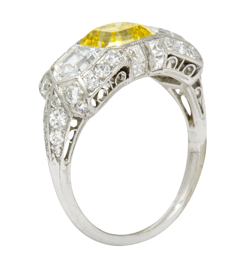 Tiffany & Co. Late Art Deco Fancy Vivid Yellow Diamond Platinum Cocktail  Ring GIA