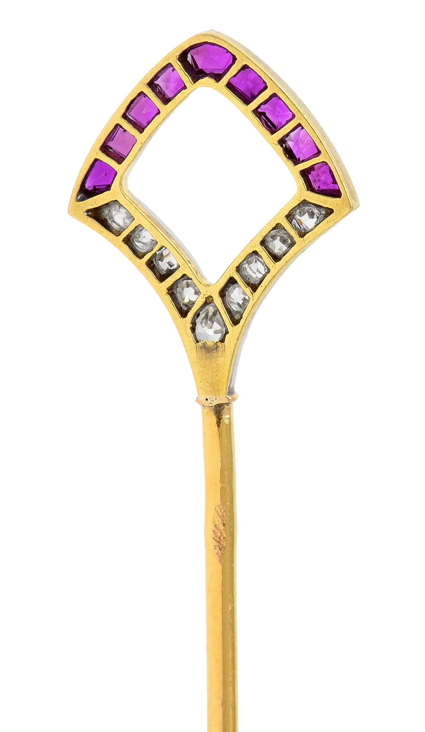 Art Deco French Ruby Diamond Platinum 18 Karat Yellow Gold Shield Stickpin