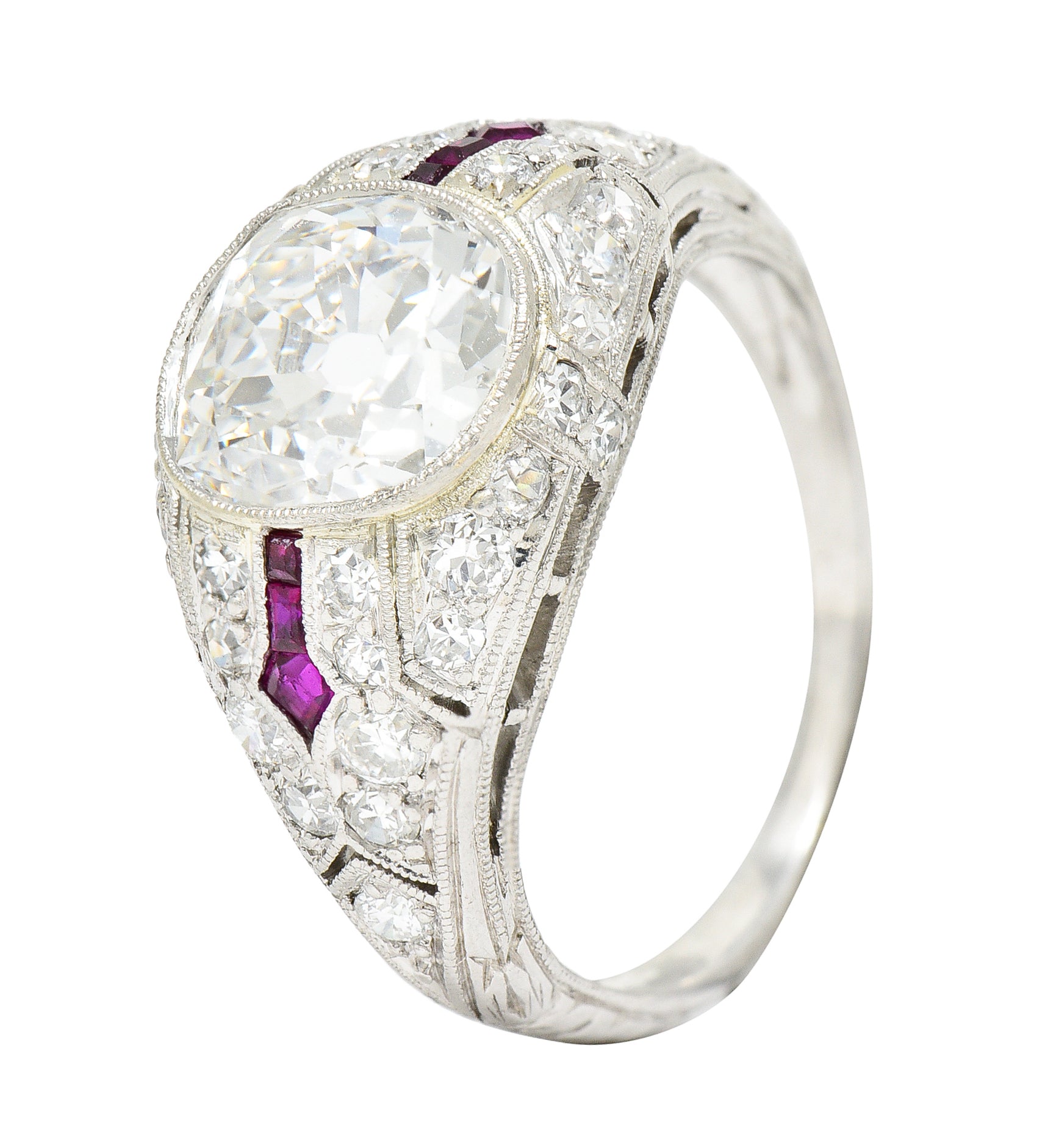 Art Deco 3.16 CTW Old Mine Cut Diamond Ruby Arrow Platinum Bombay Engagement Ring GIA Wilson's Estate Jewelry