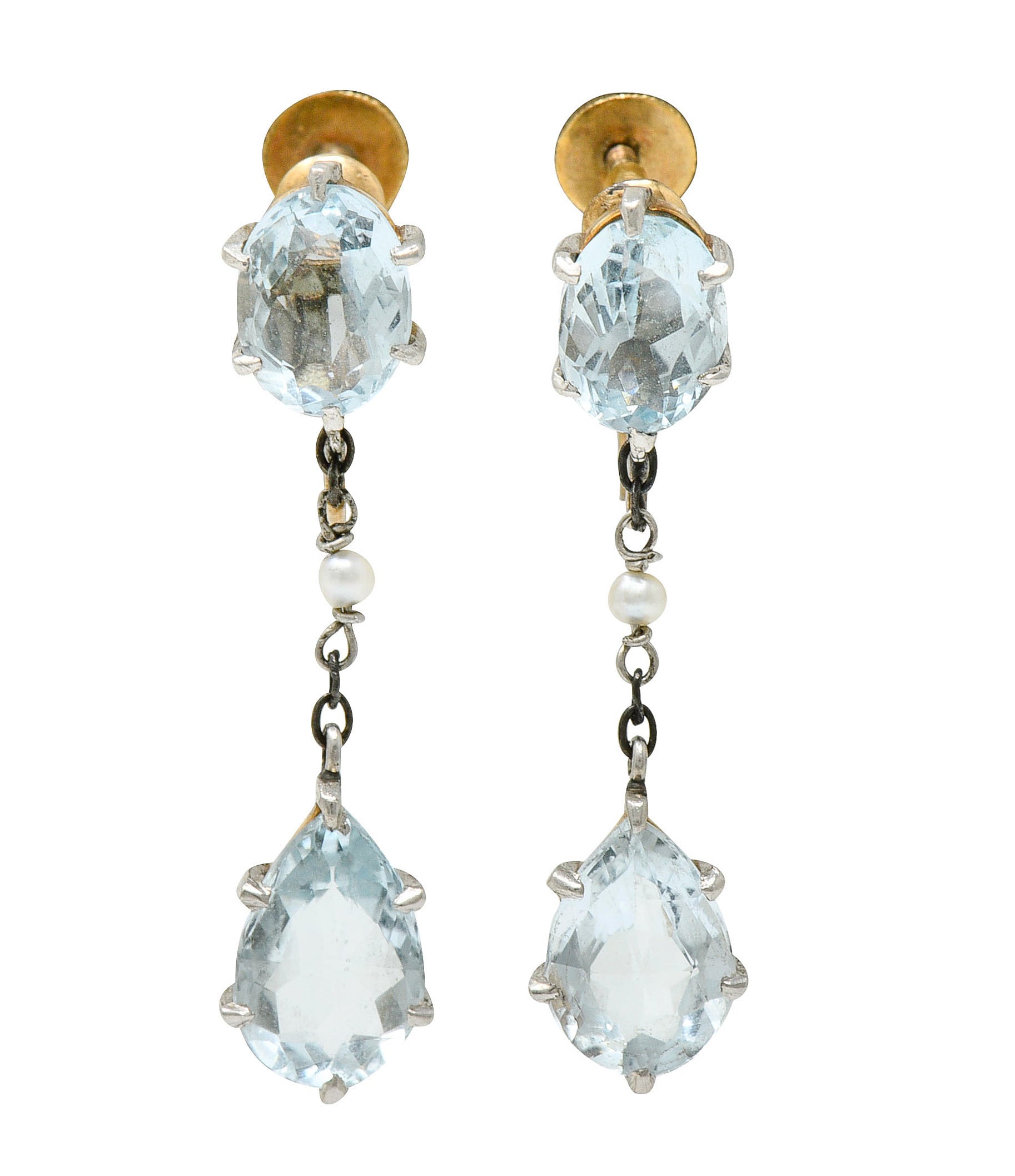 Retro 4.24 CTW Aquamarine Natural Freshwater Pearl Platinum-Topped 14 Karat Gold Screwback EarringsEarrings - Wilson's Estate Jewelry