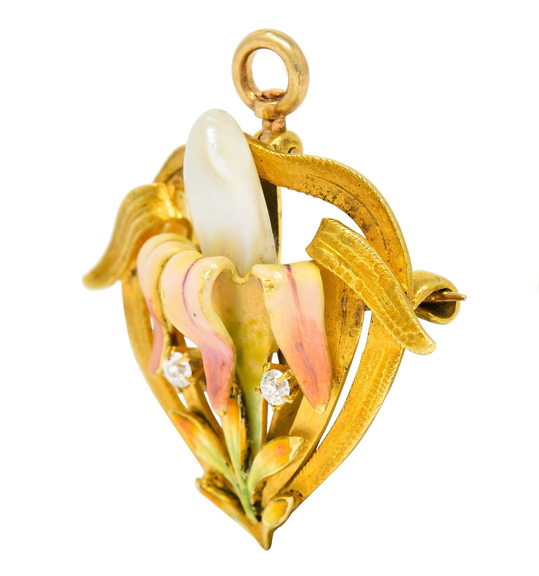 Krementz Art Nouveau Enamel Pearl 14 Karat Gold Water Lily Flower Pendant BroochBrooch - Wilson's Estate Jewelry