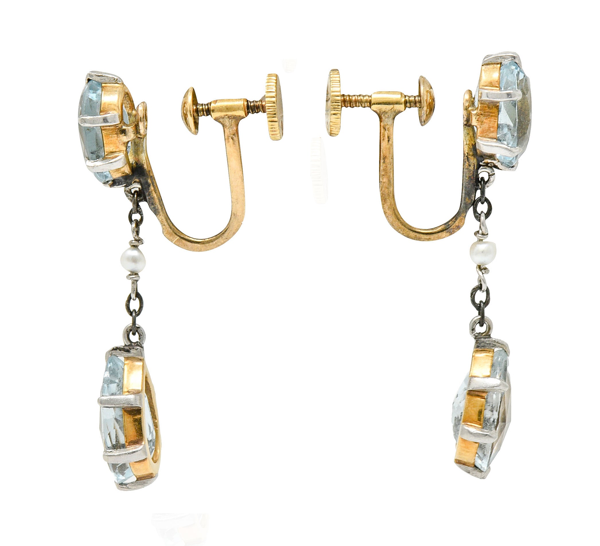 Retro 4.24 CTW Aquamarine Natural Freshwater Pearl Platinum-Topped 14 Karat Gold Screwback EarringsEarrings - Wilson's Estate Jewelry