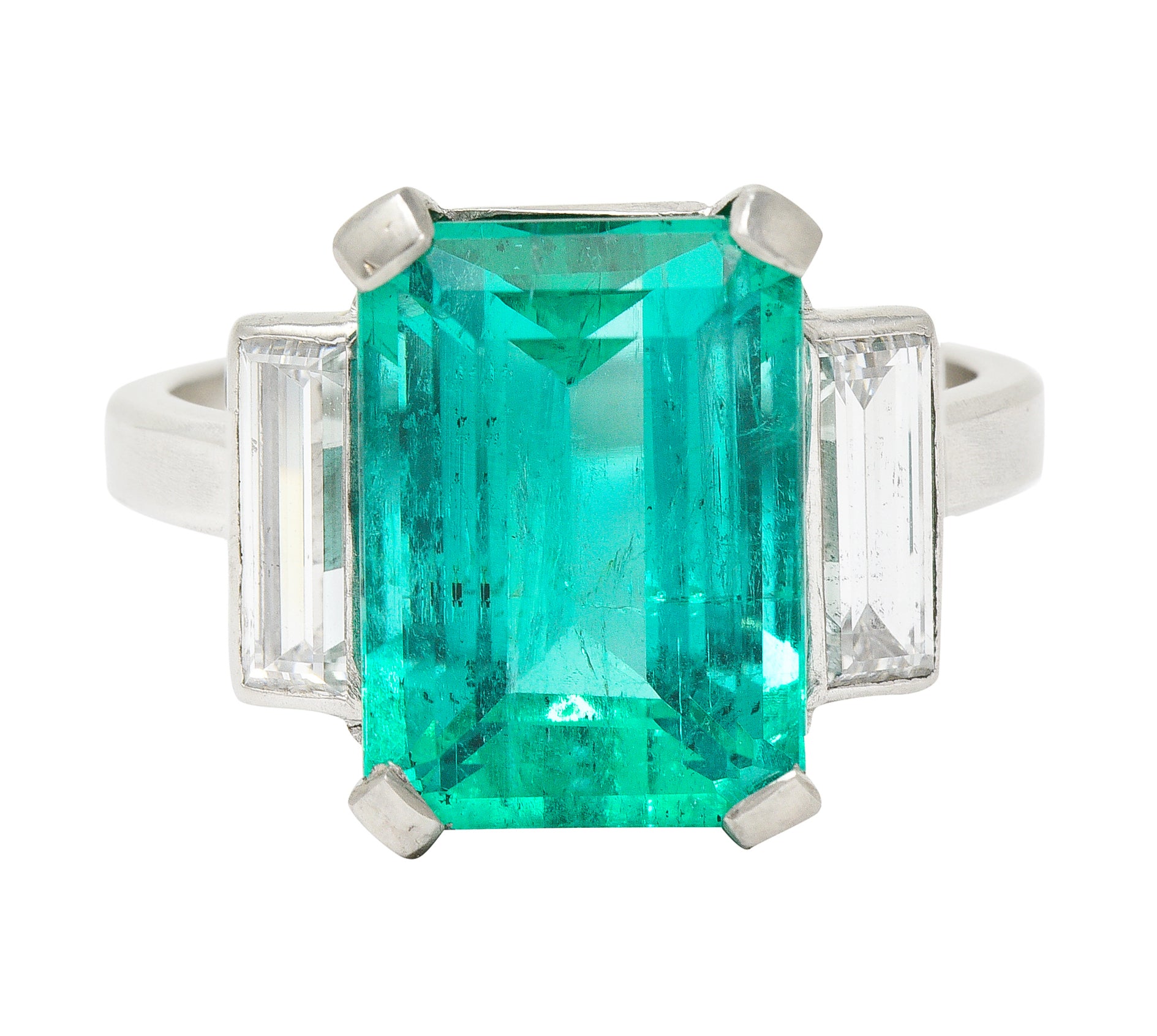 Mid-Century Modernist 6.88 CTW Columbian Emerald Baguette Cut Diamond Platinum Vintage Gemstone Ring GIA Wilson's Estate Jewelry