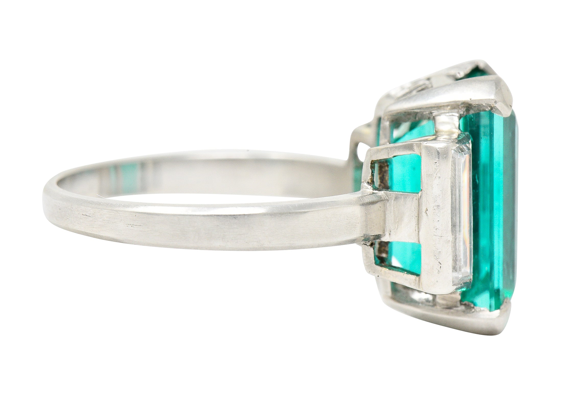 Mid-Century Modernist 6.88 CTW Columbian Emerald Baguette Cut Diamond Platinum Vintage Gemstone Ring GIA Wilson's Estate Jewelry