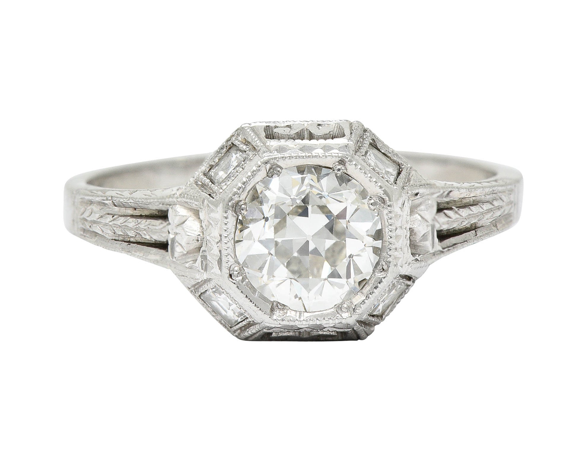 Art Deco 1.05 CTW Diamond 18 Karat White Gold Foliate Engagement RingRing - Wilson's Estate Jewelry