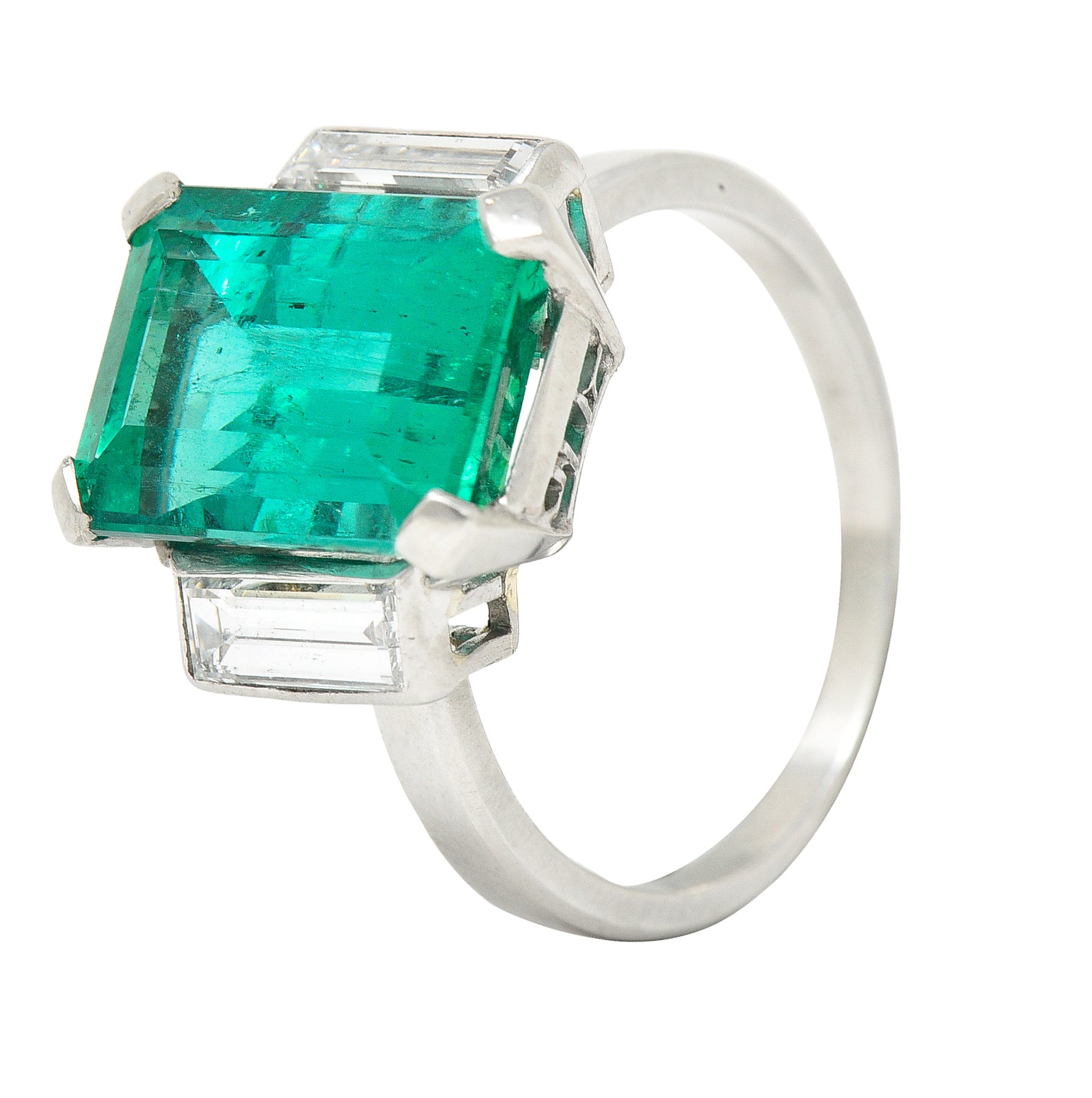 Mid-Century Modernist 6.88 CTW Columbian Emerald Baguette Cut Diamond Platinum Vintage Gemstone Ring GIA Wilson's Estate Jewelry