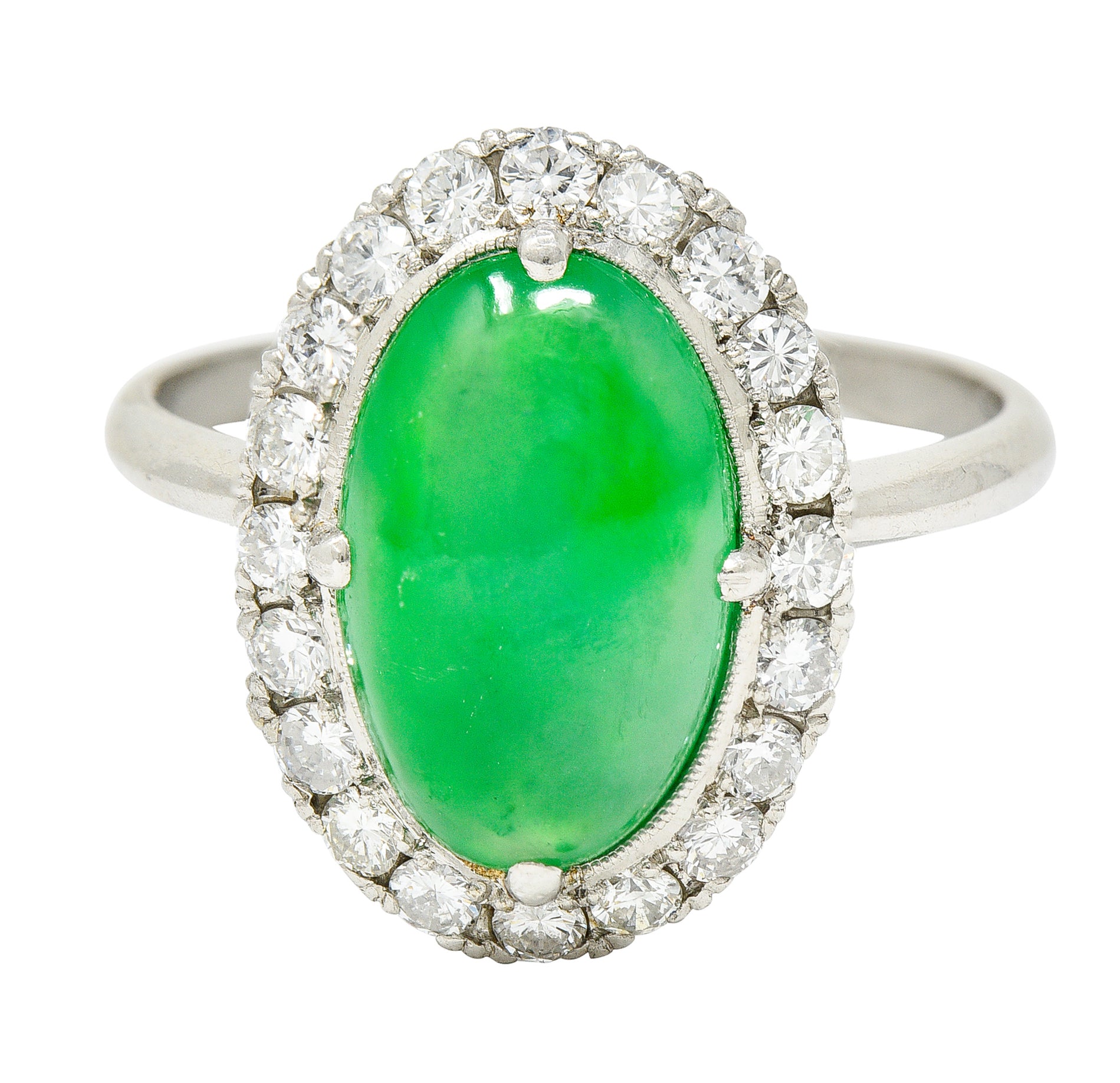 Jadeite Jade Diamond Halo Platinum Cabochon Cluster Ring GIA Wilson's Antique & Estate Jewelry