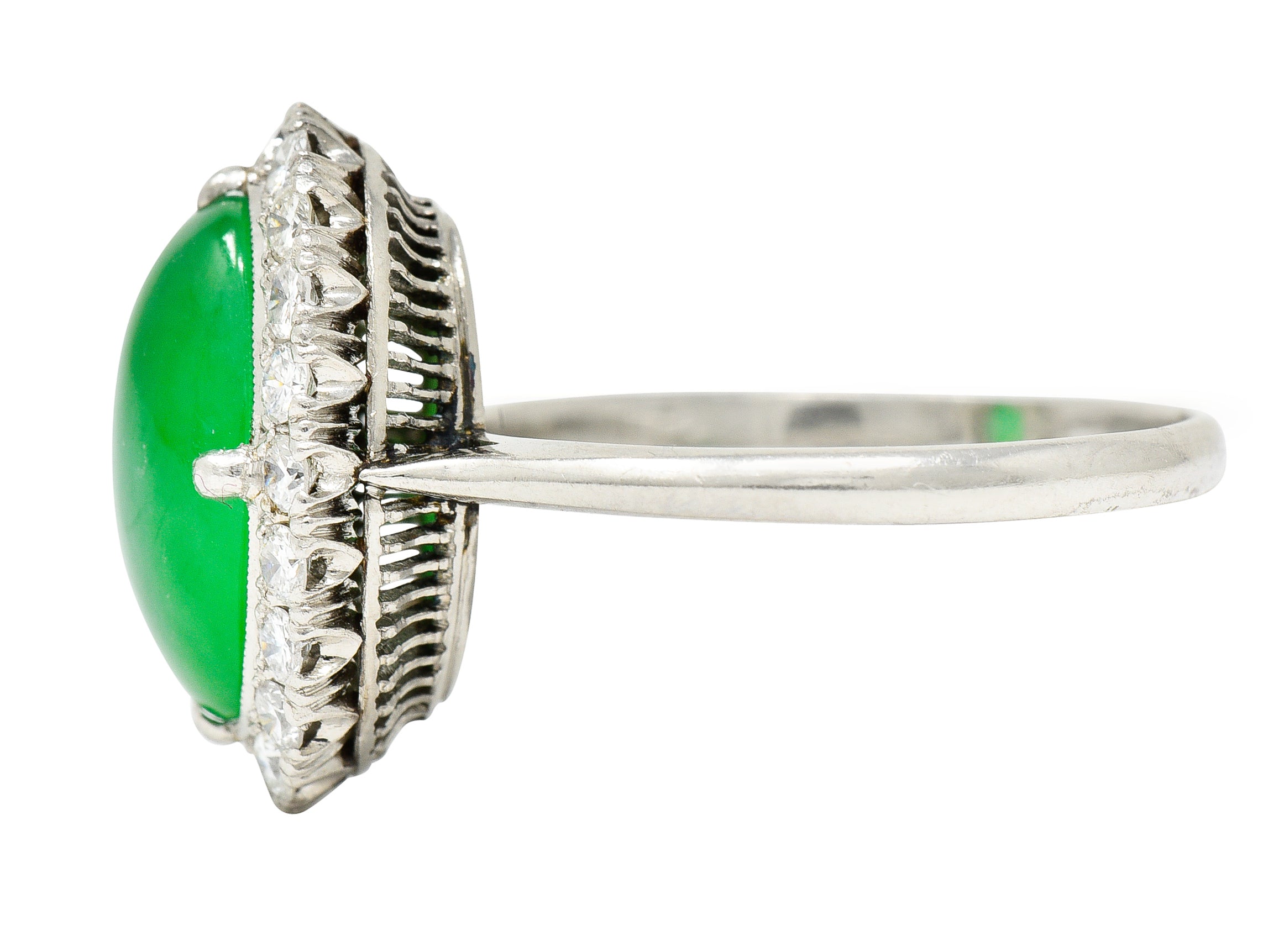 Jadeite Jade Diamond Halo Platinum Cabochon Cluster Ring GIA Wilson's Antique & Estate Jewelry