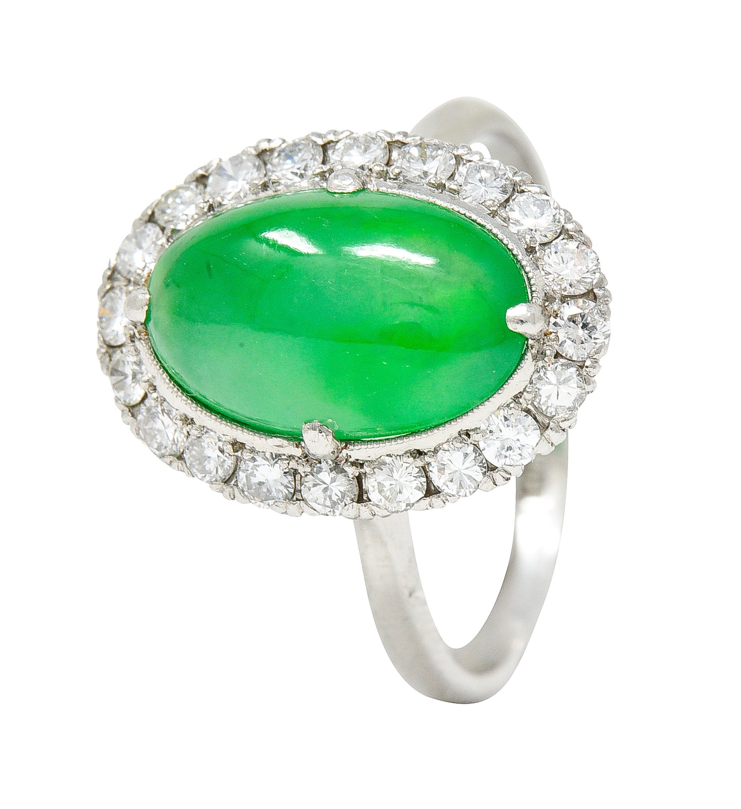 Jadeite Jade Diamond Halo Platinum Cabochon Cluster Ring GIA Wilson's Antique & Estate Jewelry