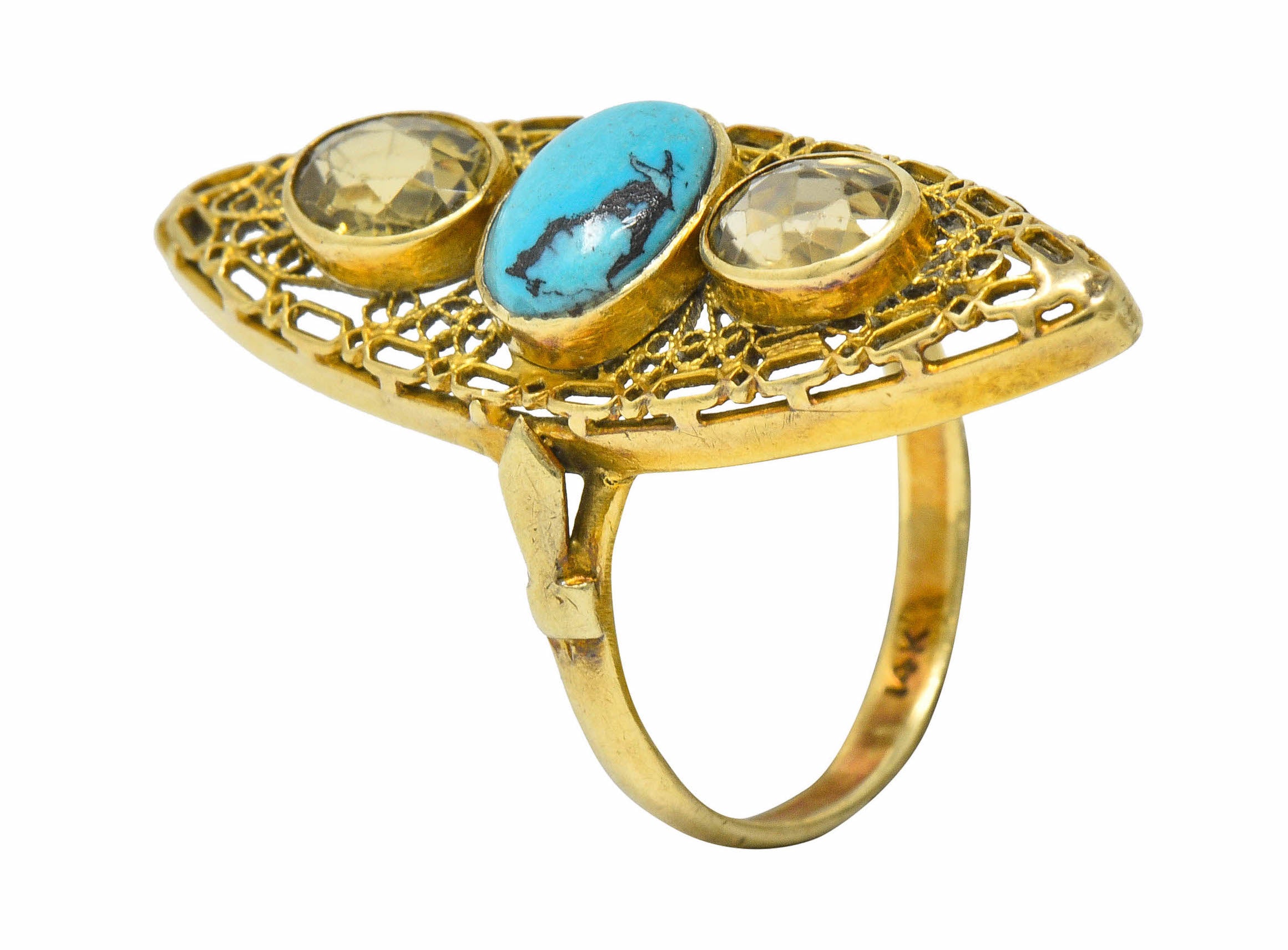 Victorian Turquoise Zircon 14 Karat Gold Navette RingRing - Wilson's Estate Jewelry