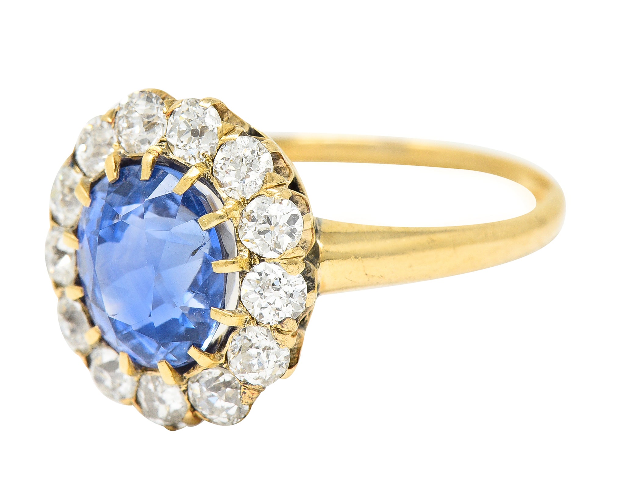 Victorian 3.95 CTW No-Heat Ceylon Sapphire Old Mine Cut Diamond 14 Karat Yellow Gold Antique Halo Gemstone Ring GIA Wilson's Estate Jewelry