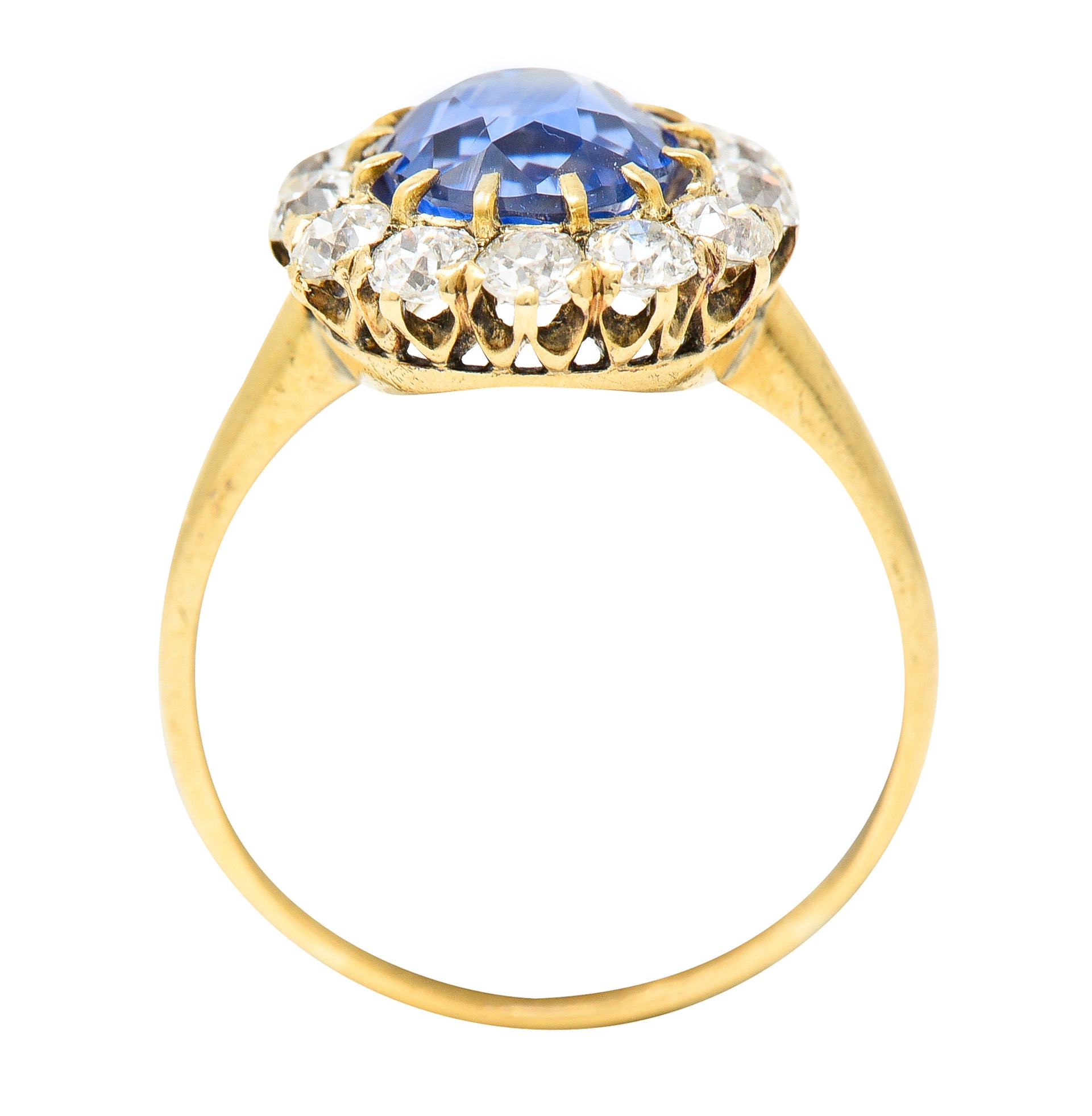 Victorian 3.95 CTW No-Heat Ceylon Sapphire Old Mine Cut Diamond 14 Karat Yellow Gold Antique Halo Gemstone Ring GIA Wilson's Estate Jewelry