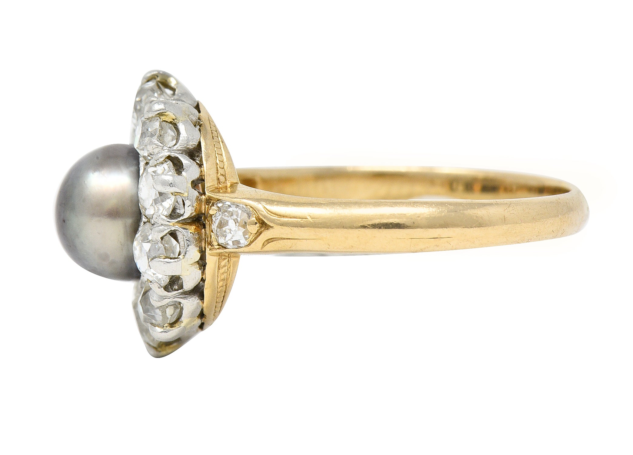 Edwardian 1.40 CTW Old Mine Cut Diamond Natural Pearl Platinum-Topped 14 Karat Yellow Gold Antique Cluster Ring Wilson's Estate Jewelry