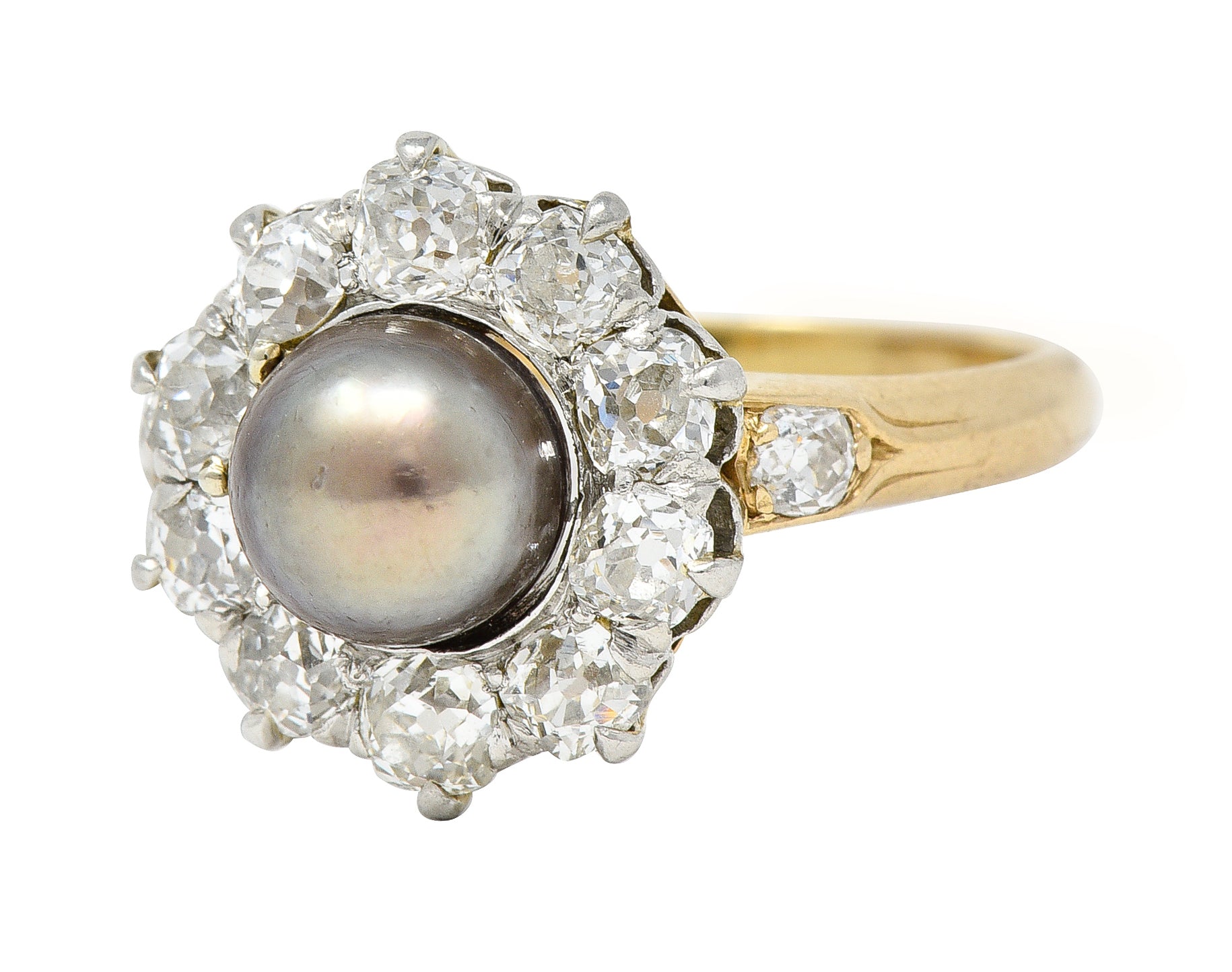 Edwardian 1.40 CTW Old Mine Cut Diamond Natural Pearl Platinum-Topped 14 Karat Yellow Gold Antique Cluster Ring Wilson's Estate Jewelry