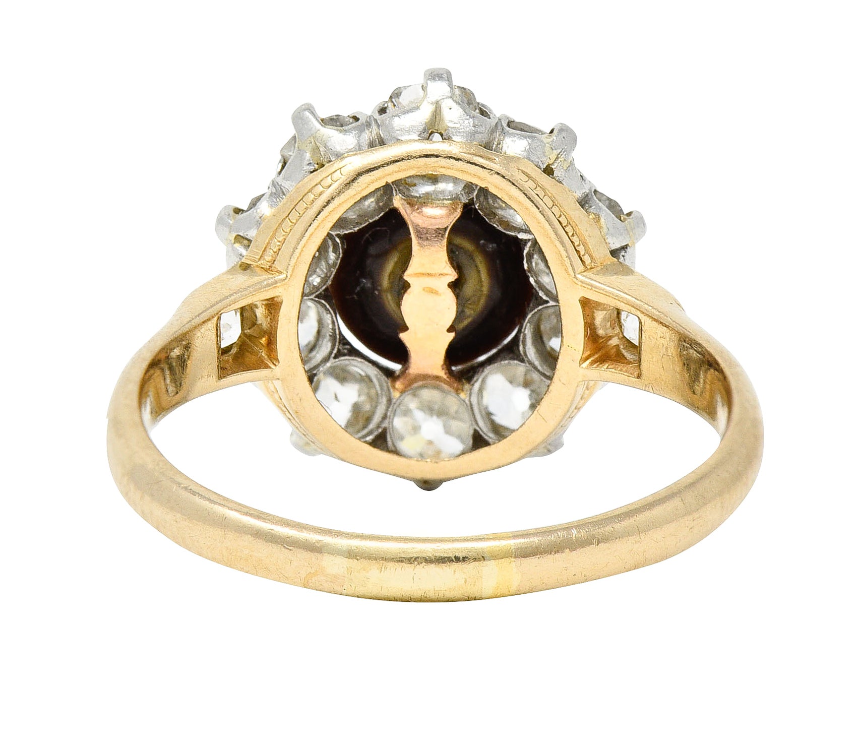 Edwardian 1.40 CTW Old Mine Cut Diamond Natural Pearl Platinum-Topped 14 Karat Yellow Gold Antique Cluster Ring Wilson's Estate Jewelry