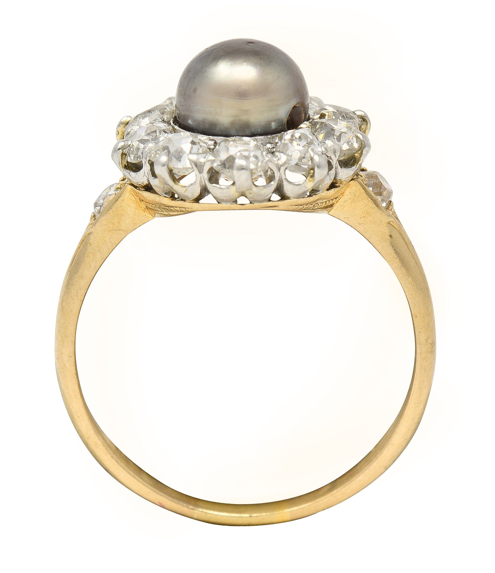 Edwardian 1.40 CTW Old Mine Cut Diamond Natural Pearl Platinum-Topped 14 Karat Yellow Gold Antique Cluster Ring Wilson's Estate Jewelry