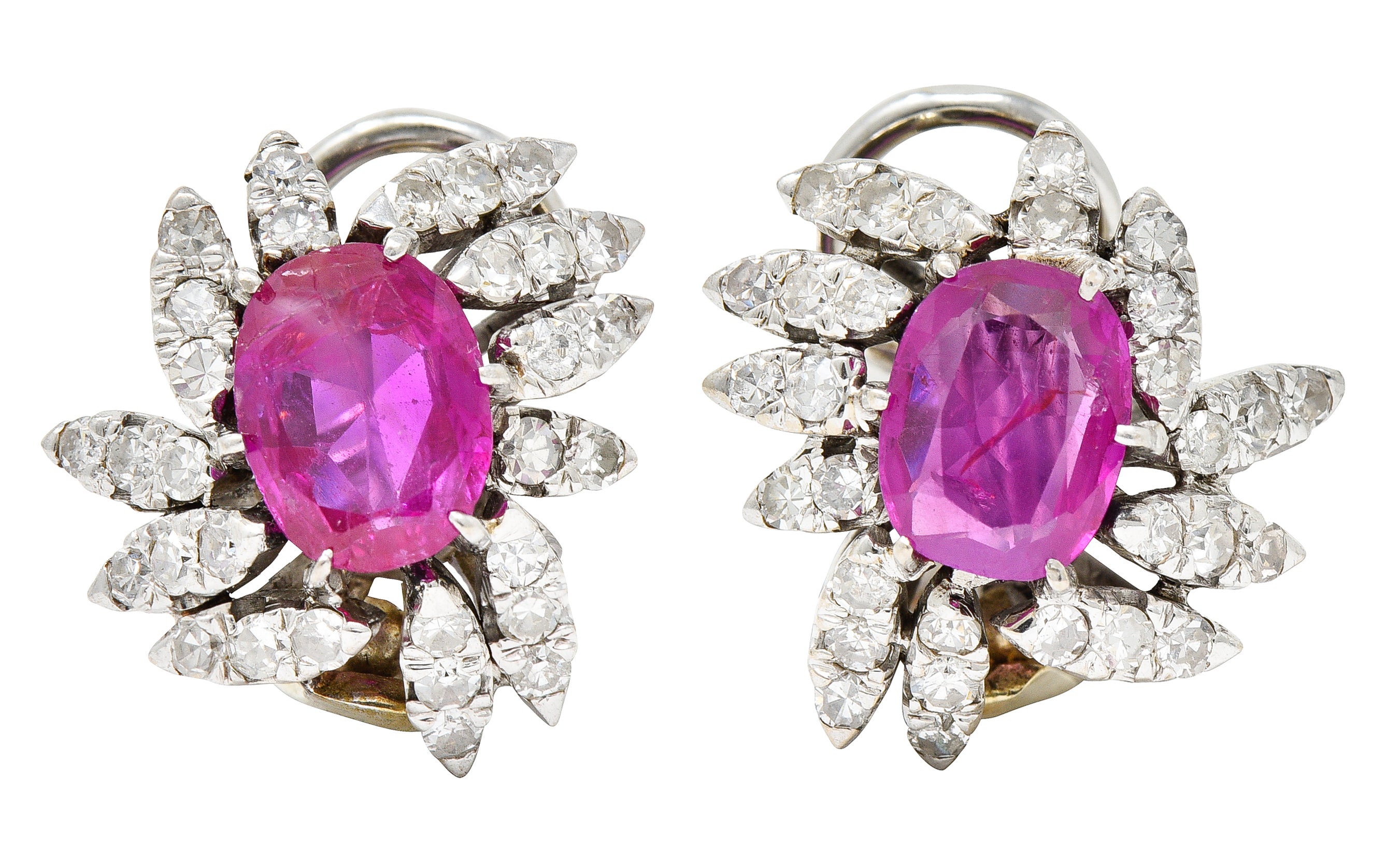 1950's Mid-Century 3.50 CTW No Heat Burma Ruby Diamond Cluster Earrings GIA Wilson's Antique & Estate Jewelry