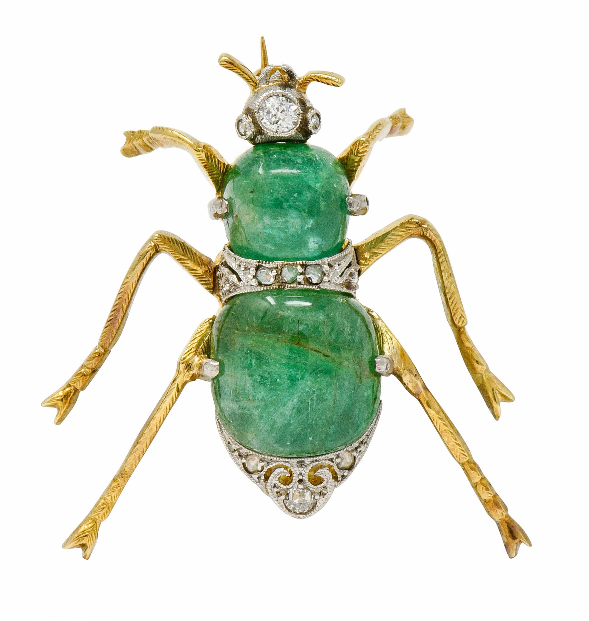 Edwardian Emerald Diamond Platinum-Topped 14 Karat Gold Insect Brooch - Wilson's Estate Jewelry