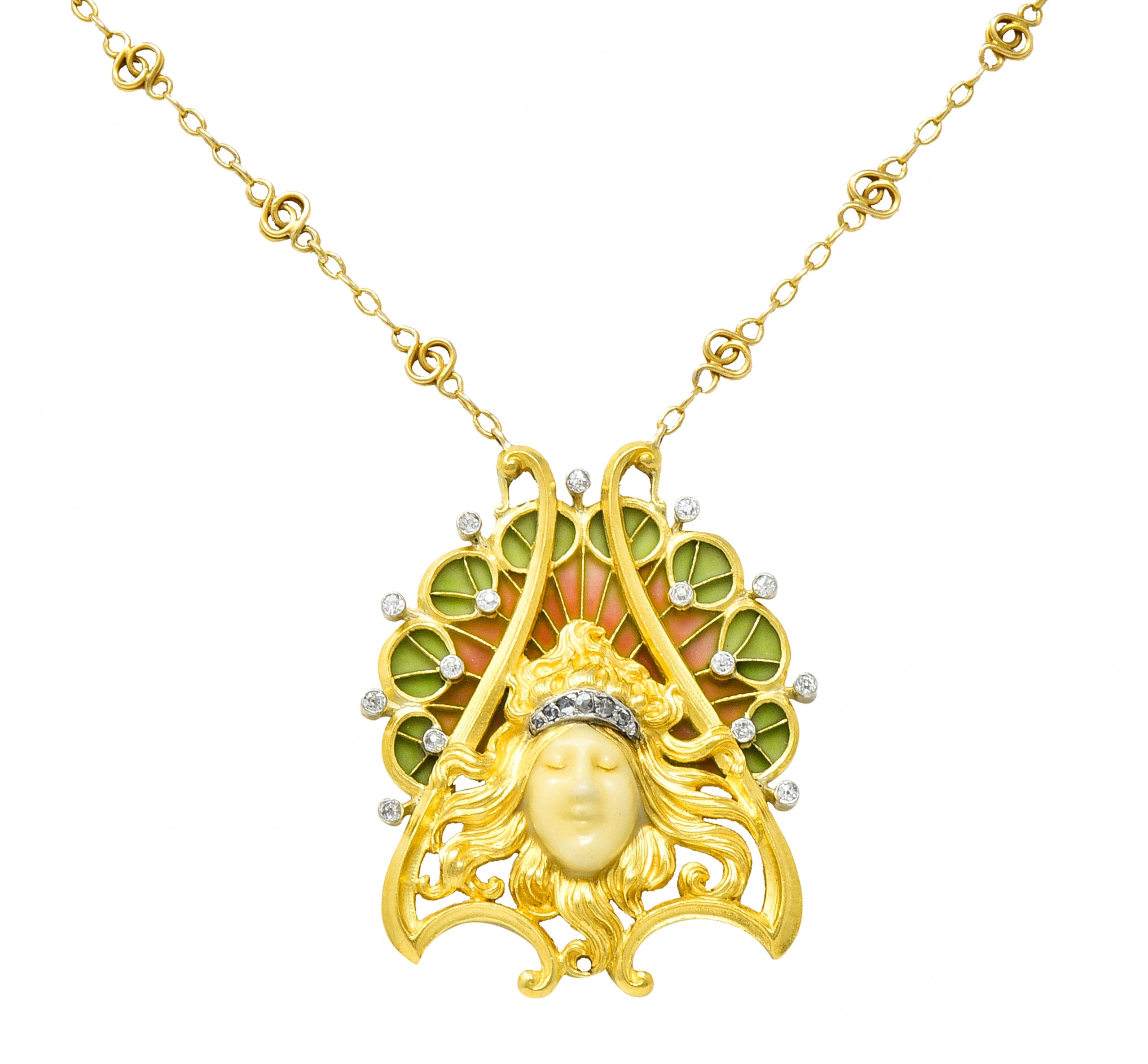 French Art Nouveau Diamond Plique-A-Jour Enamel Platinum-Topped 18 Karat Yellow Gold Lady Antique Station Necklace Wilson's Estate Jewelry